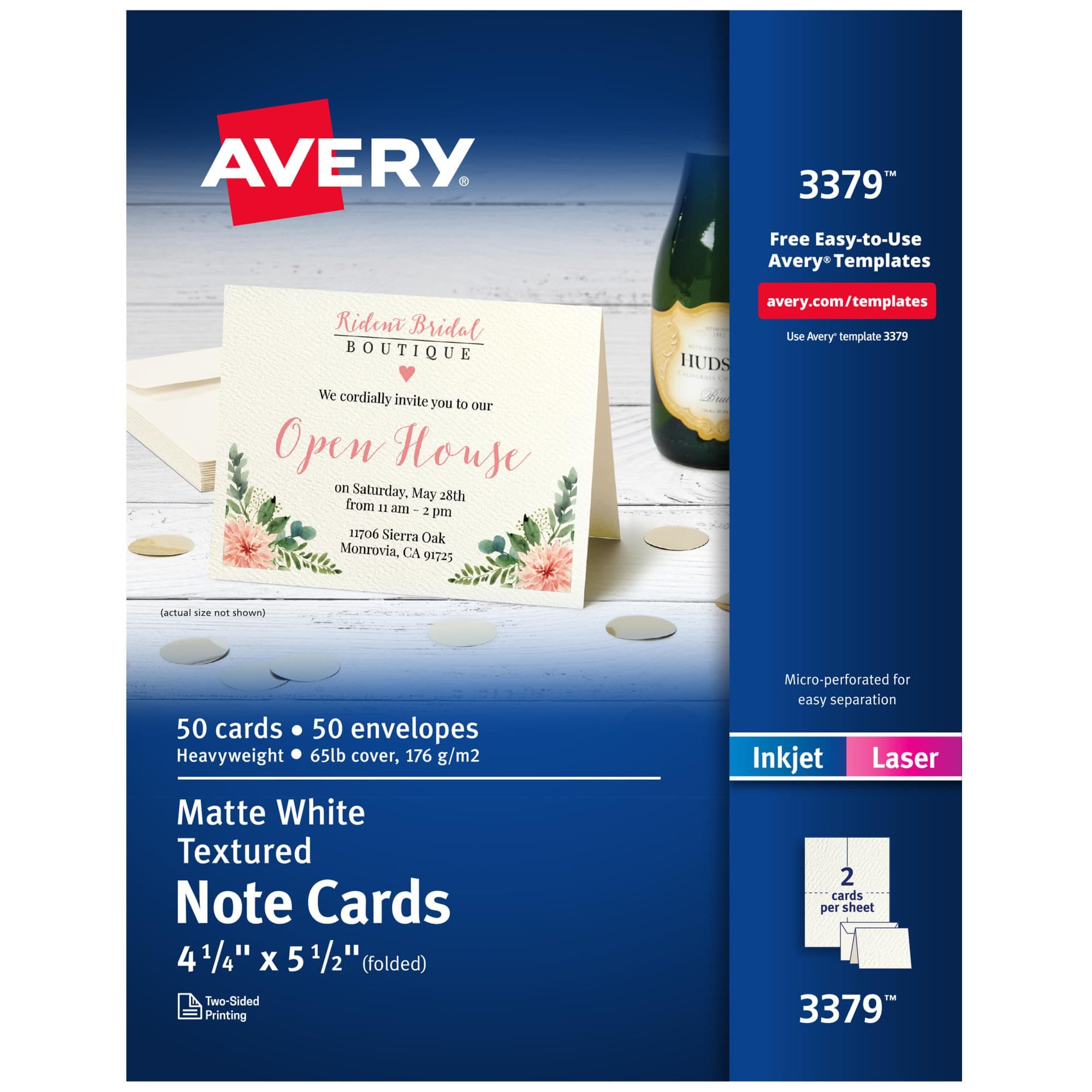 Avery Printable Note Cards, Envelopes Included, 4.25" x 5.5", Textured White, Laser & Inkjet Compatible, 50 Blank Cards Total, Great for Product Branding, Marketing, and More (3379)