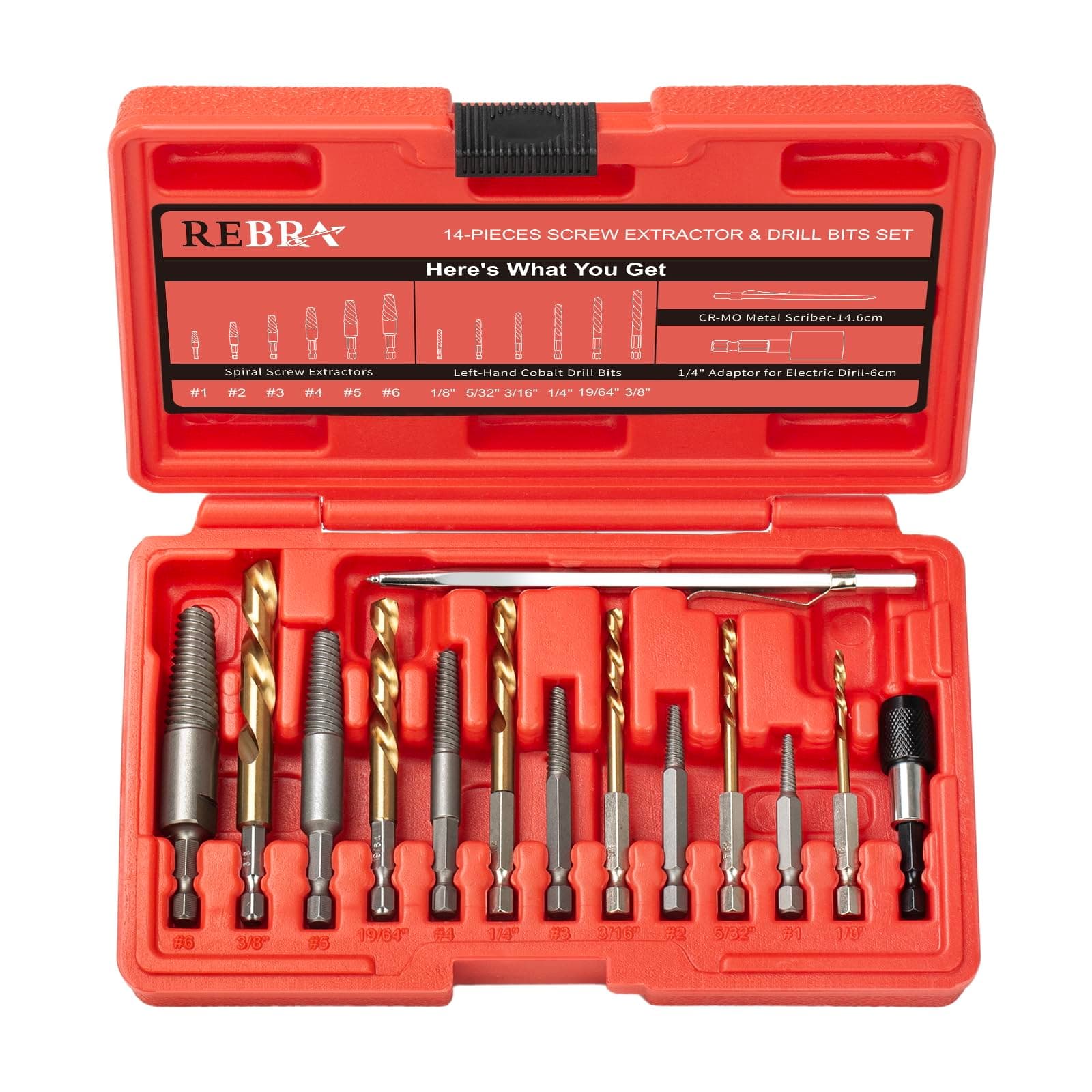 REBRA Screw Extractor and Left-Hand Drill Bit Set, Easy Out Broken Bolt Remover Reverse Cobalt HSS Steel Drill Kit, Ez Out Stripped, Rounded-Off, Damaged Bolts, Screws&Studs Removal Tool (14-Pieces)