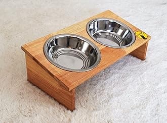 Premium Pet Feeding Bowls For Cats | 2 Steel Bowls With Rubber Wood Stand | 300 ML, Medium