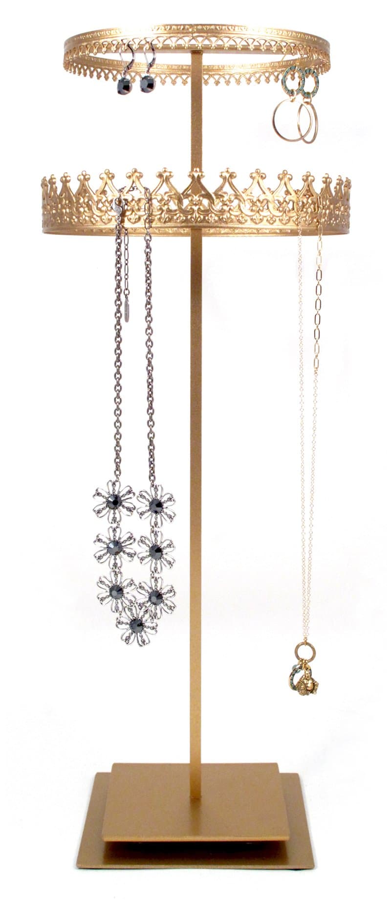 Royal Crown Display rotating circular 2 Tier combo necklace earring organizer stand - Gold