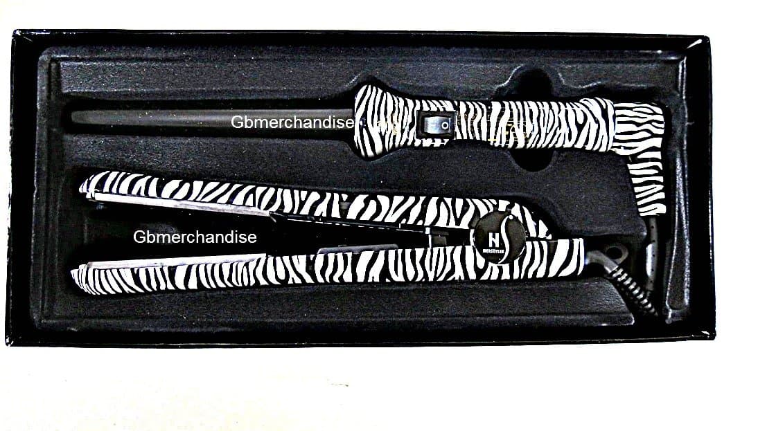 Herstyler Ceramic Zebra Set with Flat Iron and Curling Iron Wand Grande