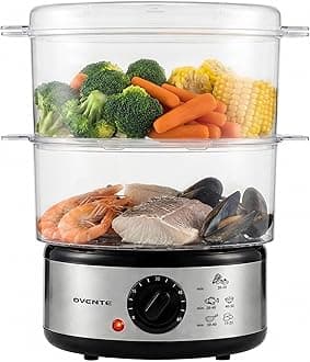 Ovente Electric Food Steamer 5 Quart with 2 Tier Stackable BPA-Free Baskets, 400W Stainless Steel Base, Auto Shut-Off and 60-Minute Timer, Fast Steaming Ideal for Vegetable and Fish, Silver FS62S