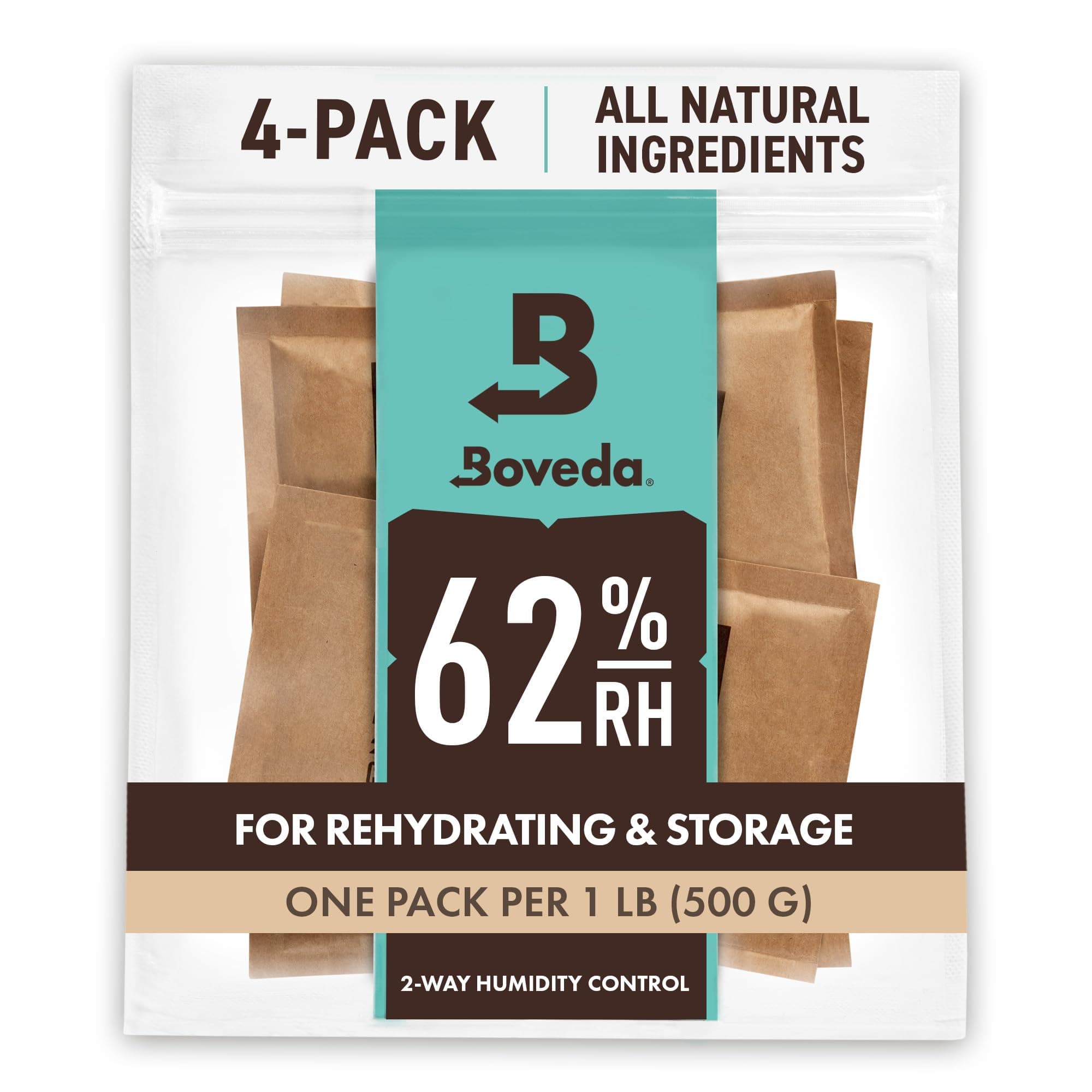 Boveda 62% Two-Way Humidity Control Packs For Storing 1 lb – Size 67 – 4 Pack – Moisture Absorbers for Storage Containers – Humidifier Packs – Hydration Packets in Resealable Bag