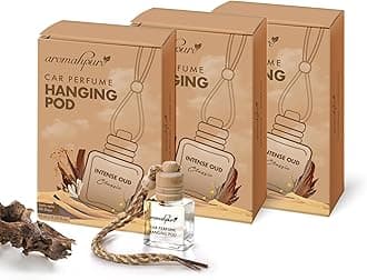 Aromahpure Premium Car Perfume Hanging Pod |10 ML |Oudh Fragrance Car Air Freshener |Natural Fragrance Oils in Glass Bottle with Wooden Diffuser Lid |Last upto 30 Days (Pack of 3), IFRA certified