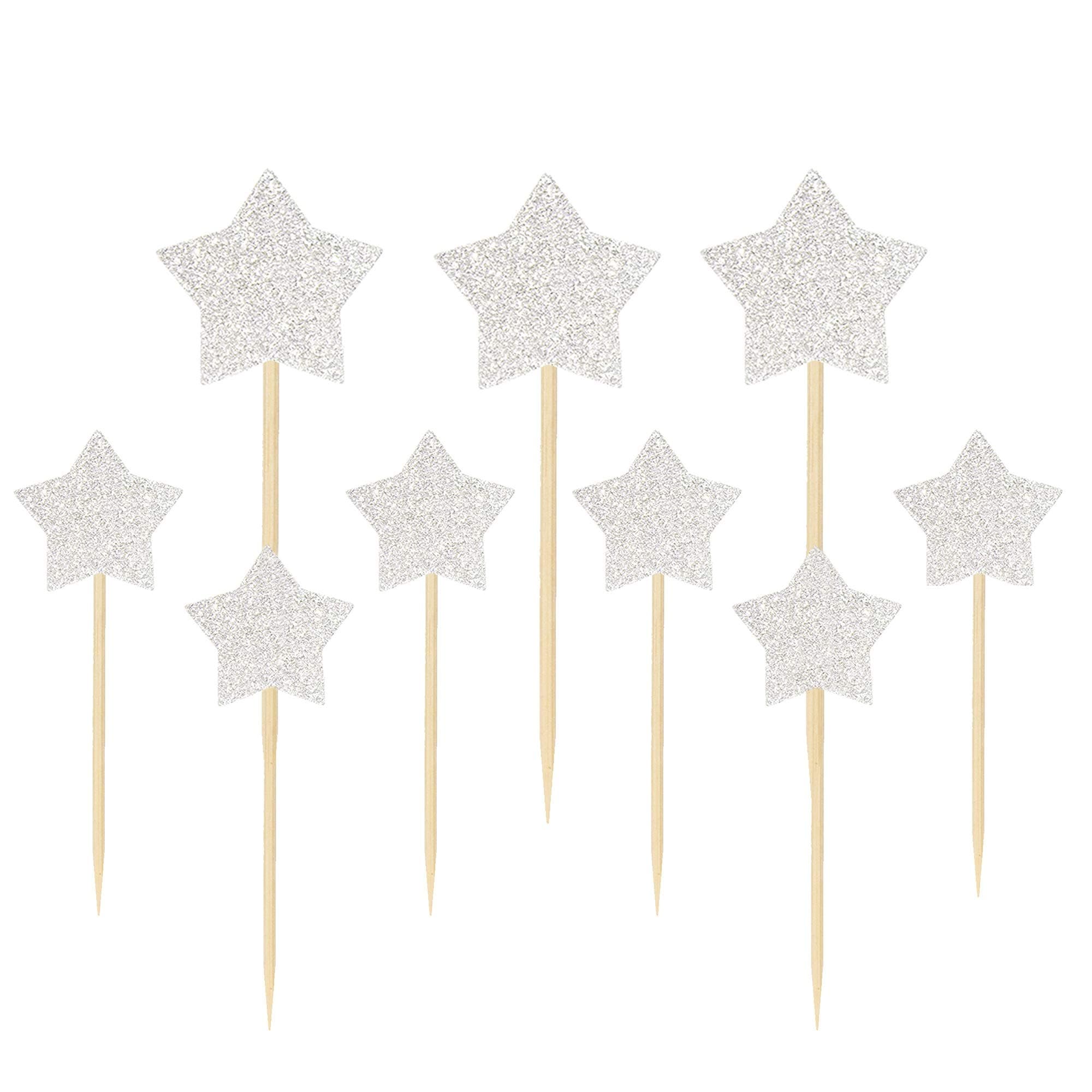 Ercadio 48 Pack Silver Star Cupcake Toppers Glitter Cupcake Picks Decorations for Baby Shower Kids Birthday Wedding Party