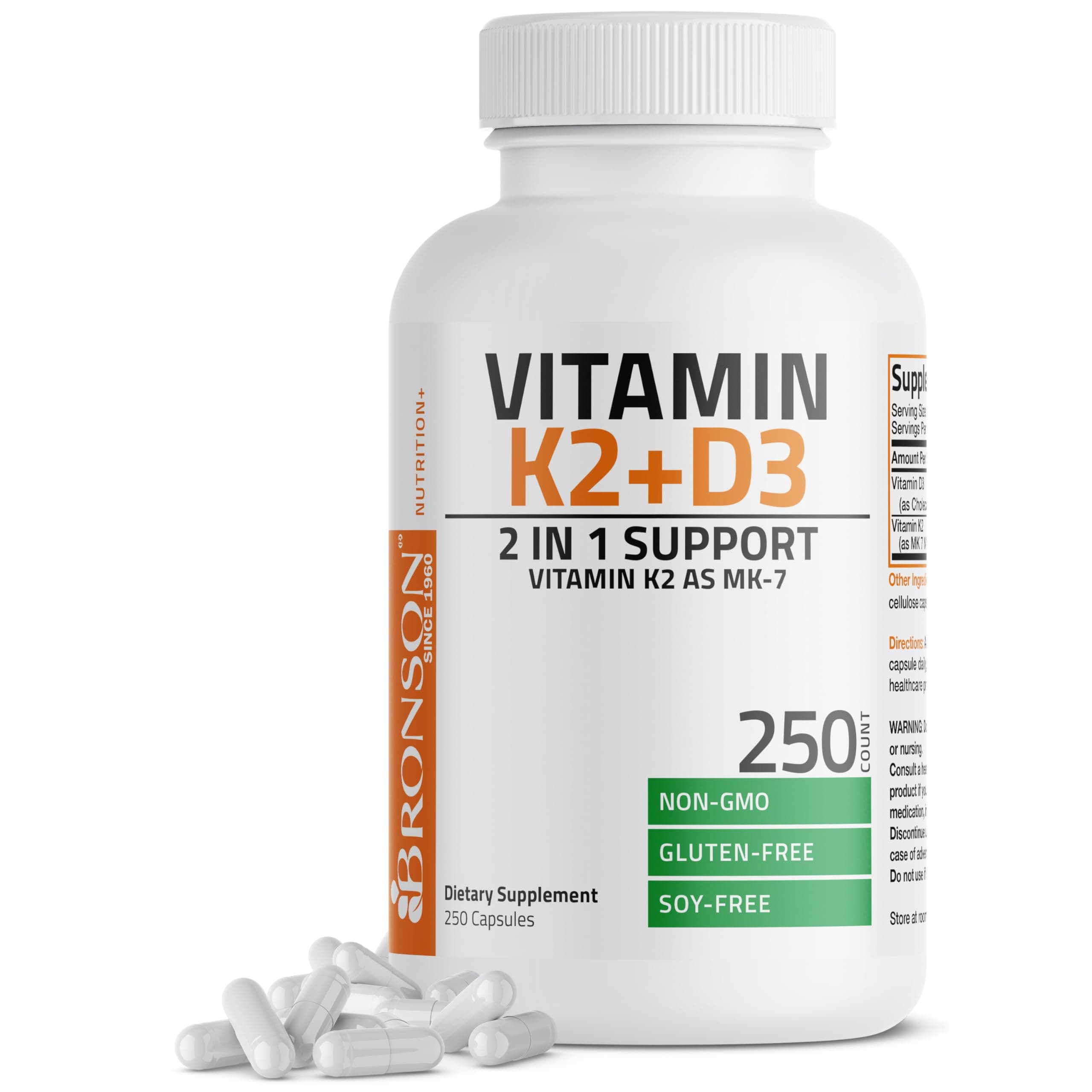 Vitamin K2 (MK7) with D3 Supplement Non-GMO Formula 5000 IU Vitamin D3 & 90 mcg K2 MK-7 Easy to Swallow D & K Complex, 250 Capsules