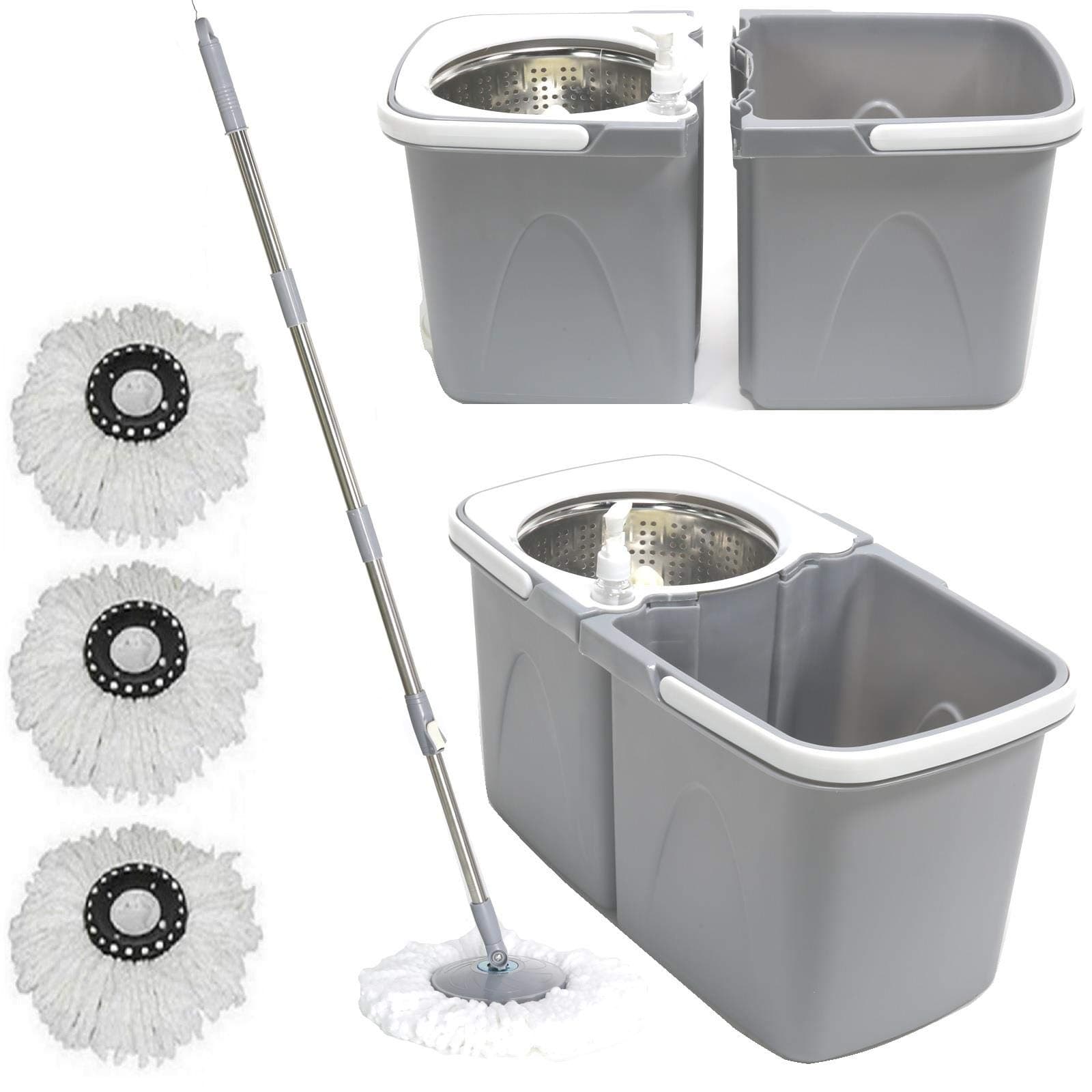 Grey Space Saving 360° Dual Duo Floor Spin Mop Dispenser Bucket Set Spinning Rotating With 3 Cleaning Dry Heads