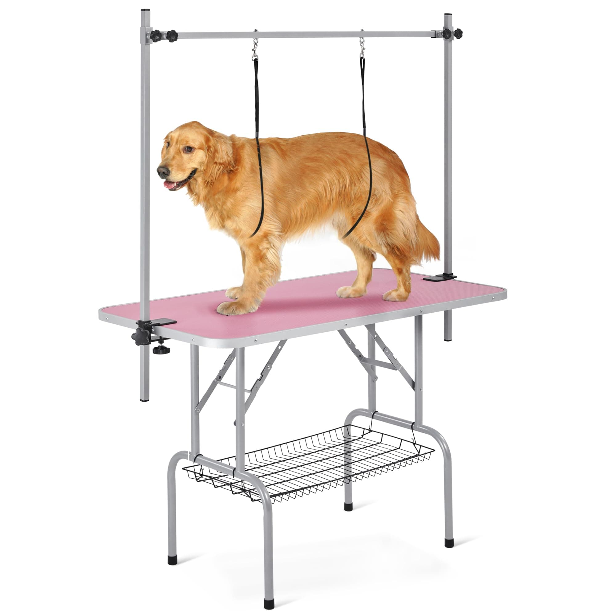 Yaheetech 46'' Pet Grooming Table for Large Dogs Adjustable Height - Portable Trimming Table Drying Table w/Arm/Noose/Mesh Tray Maximum Capacity Up to 265Lb -Pink
