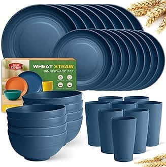 Teivio 32-Piece Kitchen Plastic Wheat Straw Dinnerware Set, Service for 8, Dinner Plates, Dessert Plate, Cereal Bowls, Cups, Unbreakable Plastic Outdoor Camping Dishes, Midnight Blue