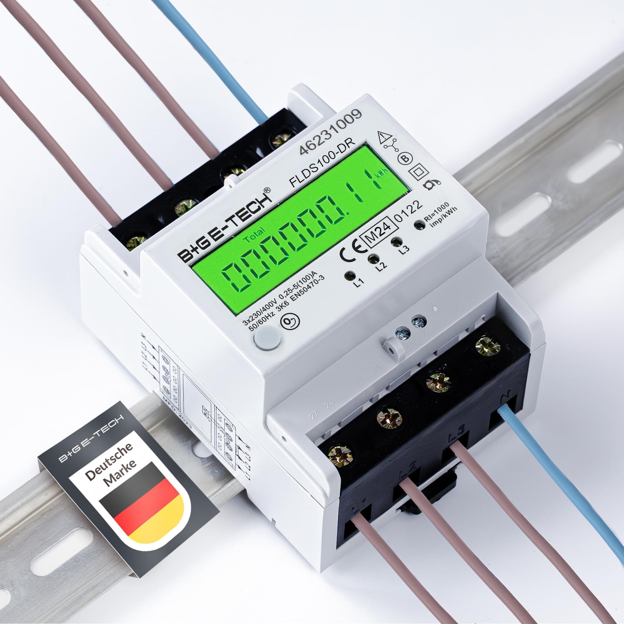 B+G E-TechElectricity Meter [FLDS100-DR] for DIN Rail with Day Counter (Resettable) and Load Indicator, Three-Current Meter 100A, 3.9TE, S0, Digitally Illuminated (Green)