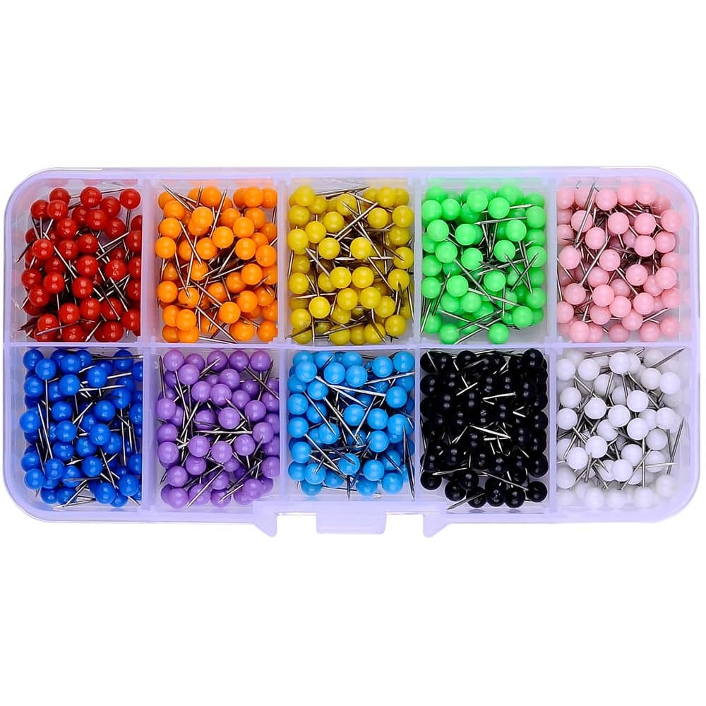 600 PCS Multi-color Push Pins Map tacks ,1/8 inch Round head with Stainless Point, 10 (Each Color 60 PCS) in reconfigurable container for bulletin board, fabric marking