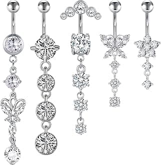 14G Dangle Belly Button Rings - Surgical Steel Silver and Rose Gold CZ Piercing Jewelry for Women