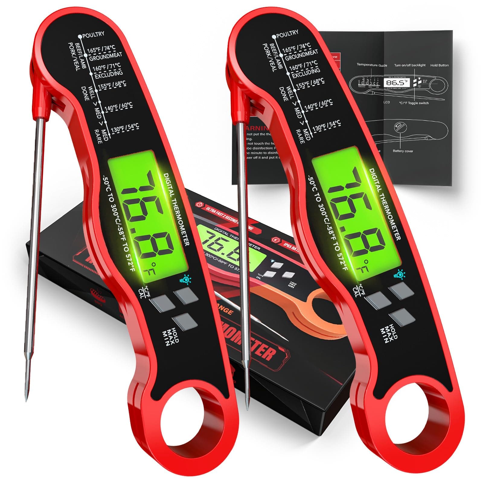 Digital Meat Thermometer for Cooking - IP67 Waterproof Kitchen Thermometer with Backlight and Hold, Fast Instant Read Thermometer, Candy Making, Outside Grill, Stocking Stuffers for Men-2 Pack