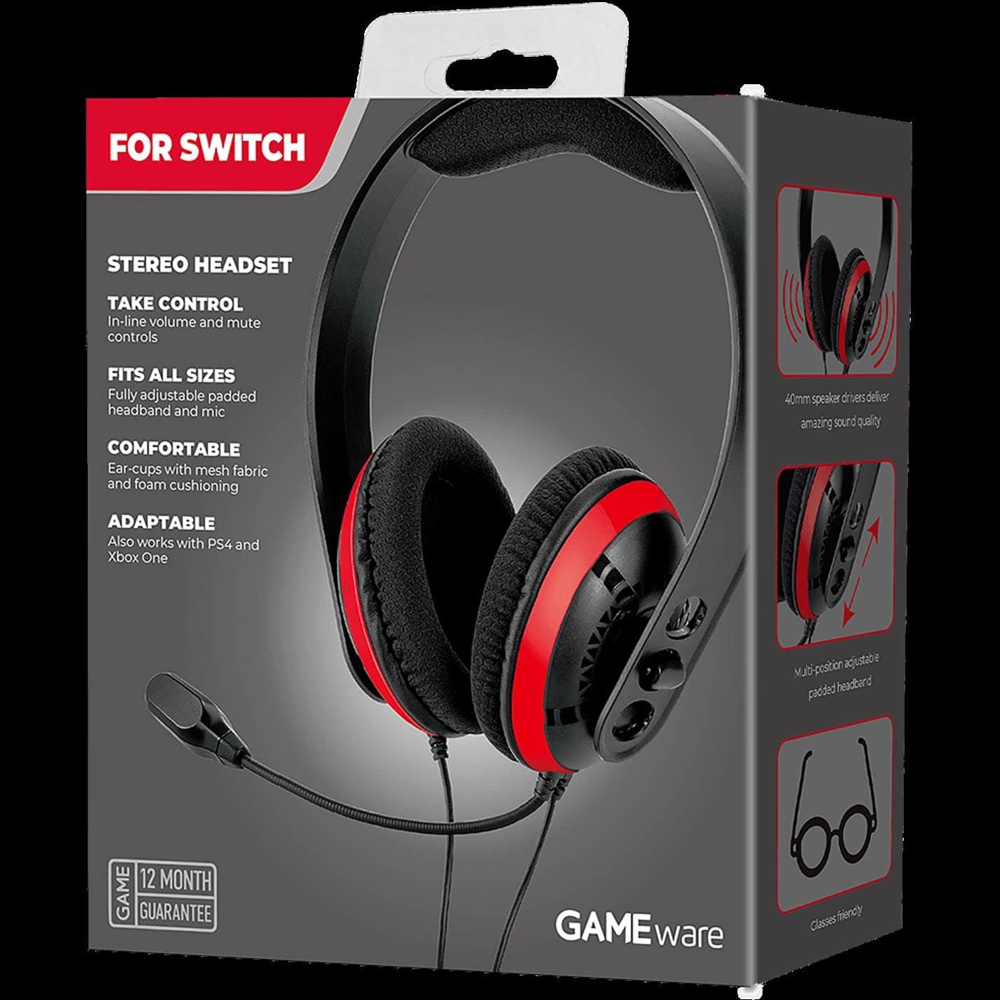 COMPUCLEAR Gameware stereo Headset for Switch with Microphone. RED. Model 750223