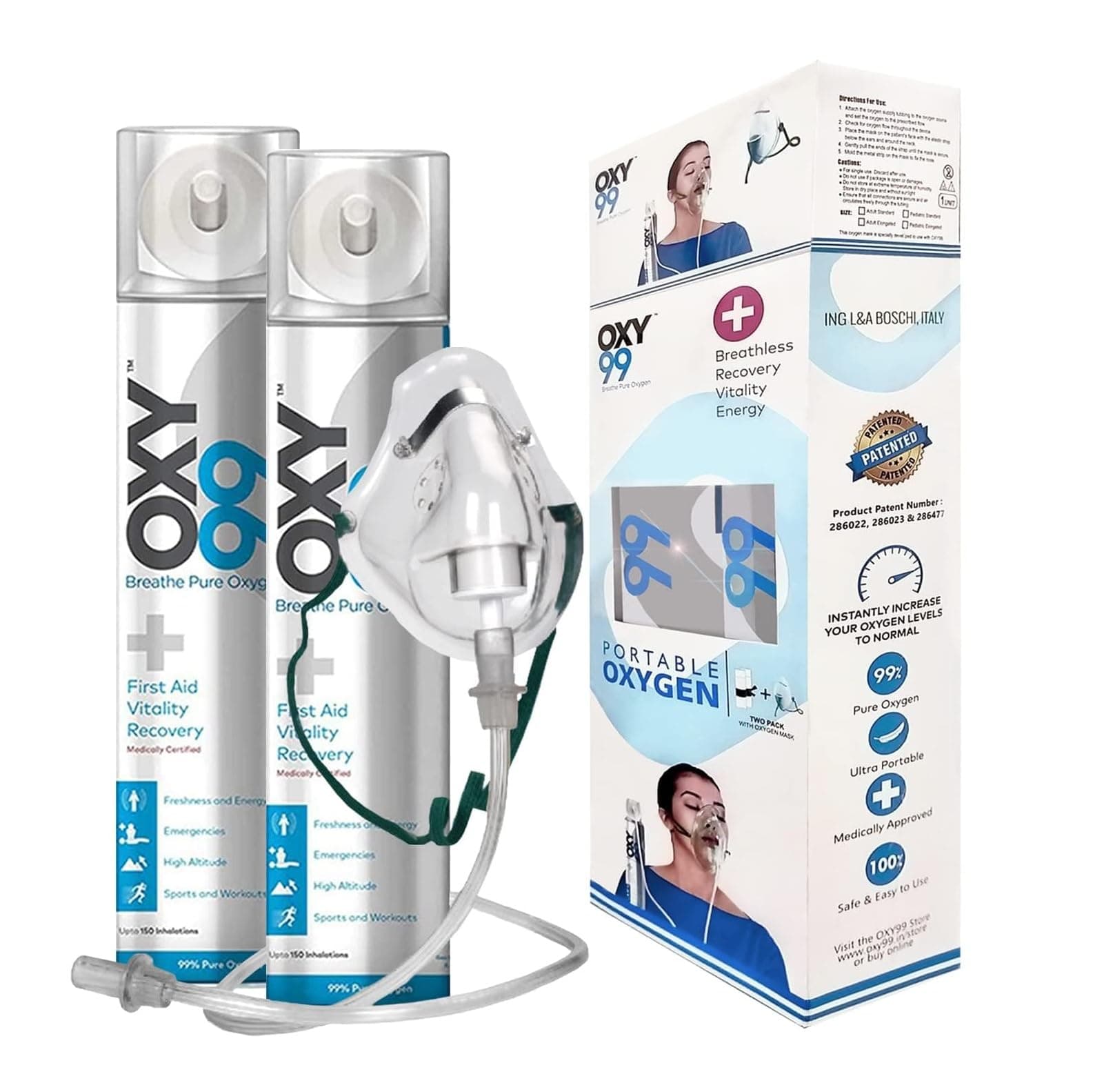 OXY99 Portable Oxygen Cylinder 2 Pack (12 Ltr) with Mask, Tube & Elastic Strap - Oxygen Cylinder For Home, Oxygen kit For First Aid, Oxygen Can For High Altitude & Mountain Climbing ING. BOSCHI ITALY