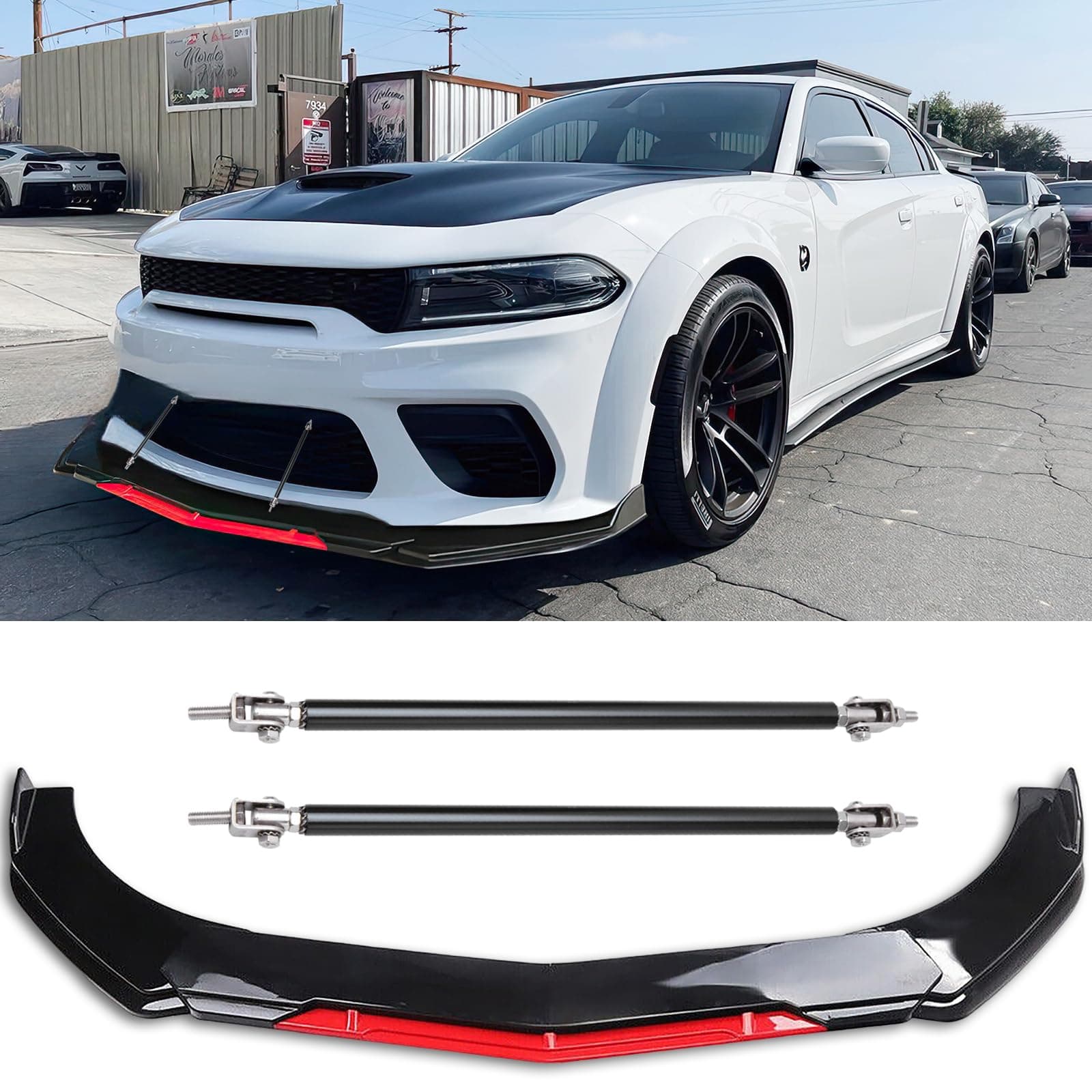 Universal Car Front Bumper Lip + 2PCS 8"-11" Adjustable Splitter Rods front lip Spoiler Splitter Body Kit Compatible with Dodge Charger Nissan Cruze Honda Civic Toyota Altima Chevy