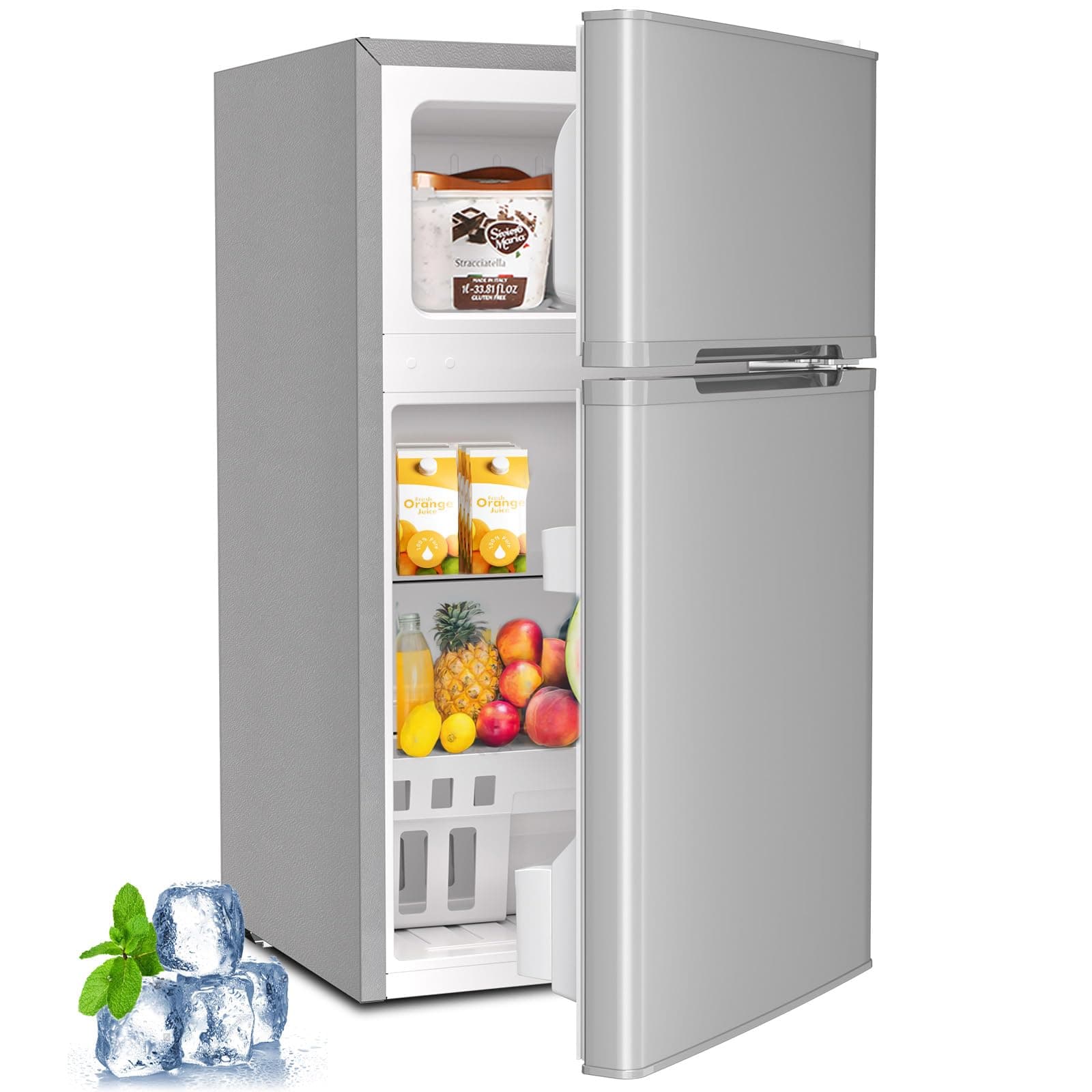 Kismile Mini Fridge with Freezer,3.2 Cu.Ft Compact Mini Refrigerator with Double 2 Door,Adjustable Temperature,Full Size for Home,Kitchen,Dorm,Apartment,Retro Grey