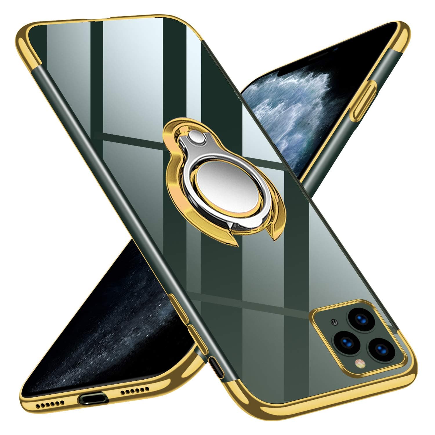 kadixini iPhone 11 Pro Max Case, Crystal Clear TPU with 360 Degree Magnetic Ring Grip Holder Kickstand, Magnet Car Holder Cover for iPhone 11 Pro Max - Gold