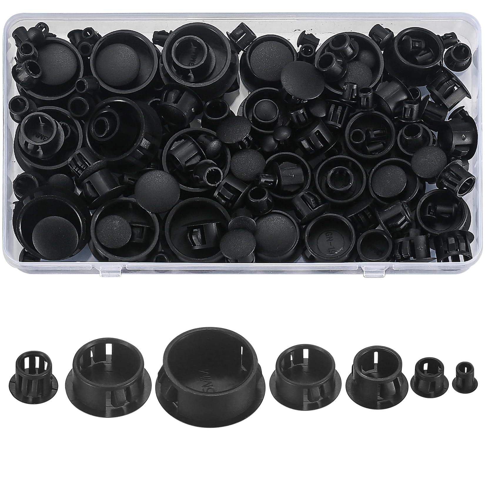 Ruglamzhip Plastic Hole Plugs, 180Pcs Black Panel Knockout Locking Round Drill Screw Plugs Covers For Kitchen Cabinet Furniture Insert End Caps, 1" 3/4" 1/2" 3/8" 5/16" 1/4" 1/5"