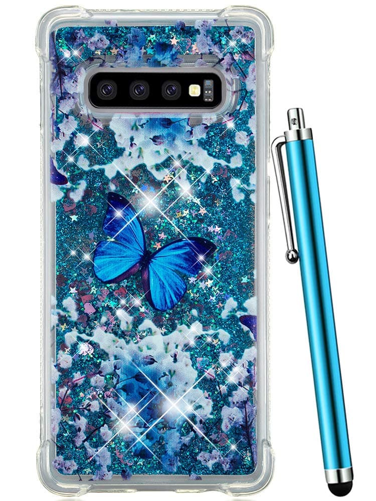 Case for Samsung Galaxy S10 Plus Glitter Bling Liquid Sparkle Quicksand Flowing Luxury Women Girl Shockproof Protective Slim Clear Cute Phone Cover for Galaxy S10+ Plus[Not S10]-Blue Butterfly
