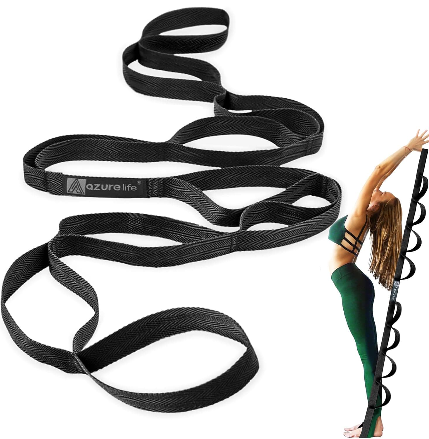 A AZURELIFE Premium Durable Stretch Straps with Loops, Stretching Strap for Physical Therapy, Multi-Loop Yoga Strap Fitness Exercise Strap for Yoga, Pilates, Dance, Flexibility&Exercise