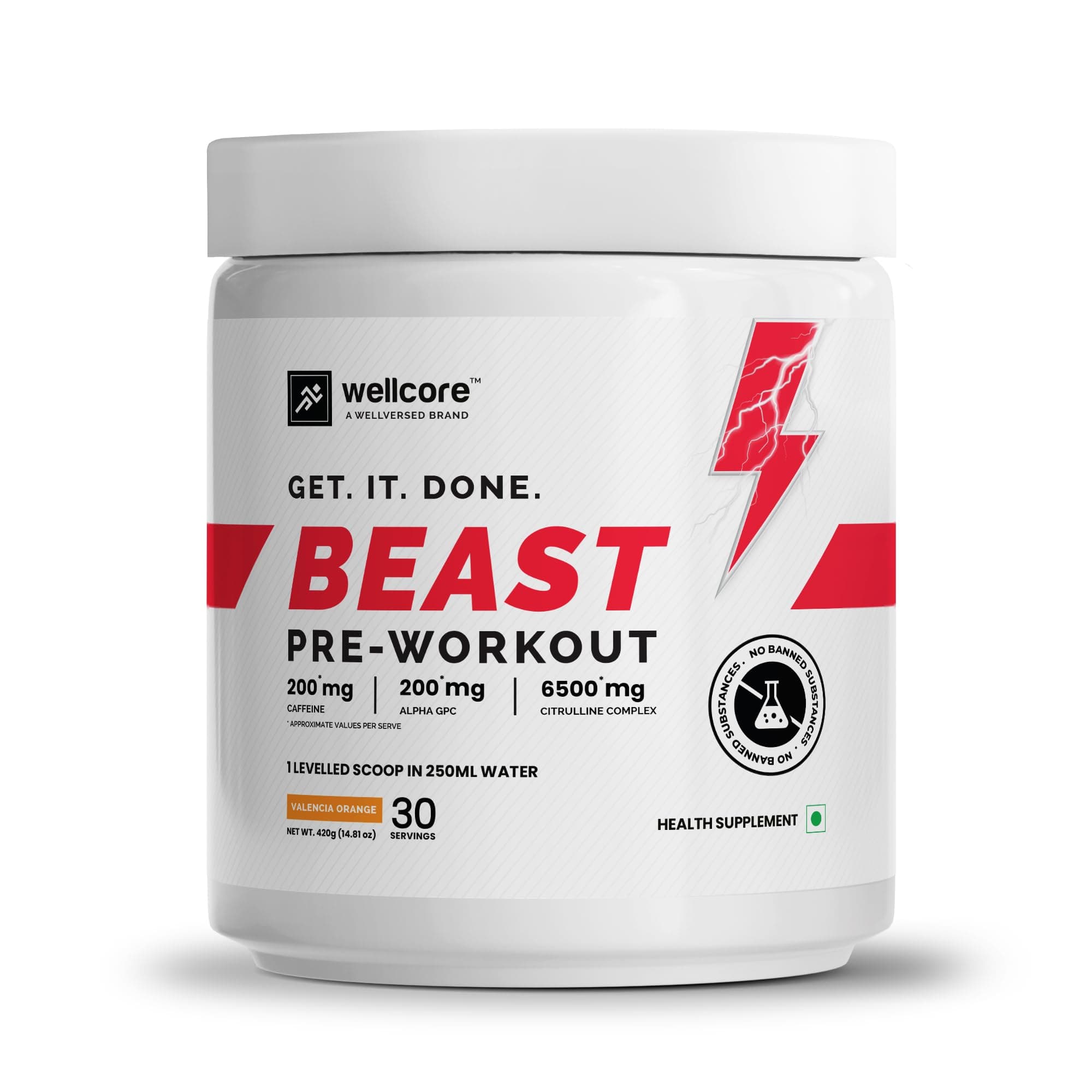Wellcore - Beast Mode Pre Workout Supplement (420 grams, 30 Servings) | Valencia Orange | for Men & Women With 200 mg Alpha GPC | 200 mg Caffeine | 6500mg Citrulline Complex | 1000mg Creatine, Powder