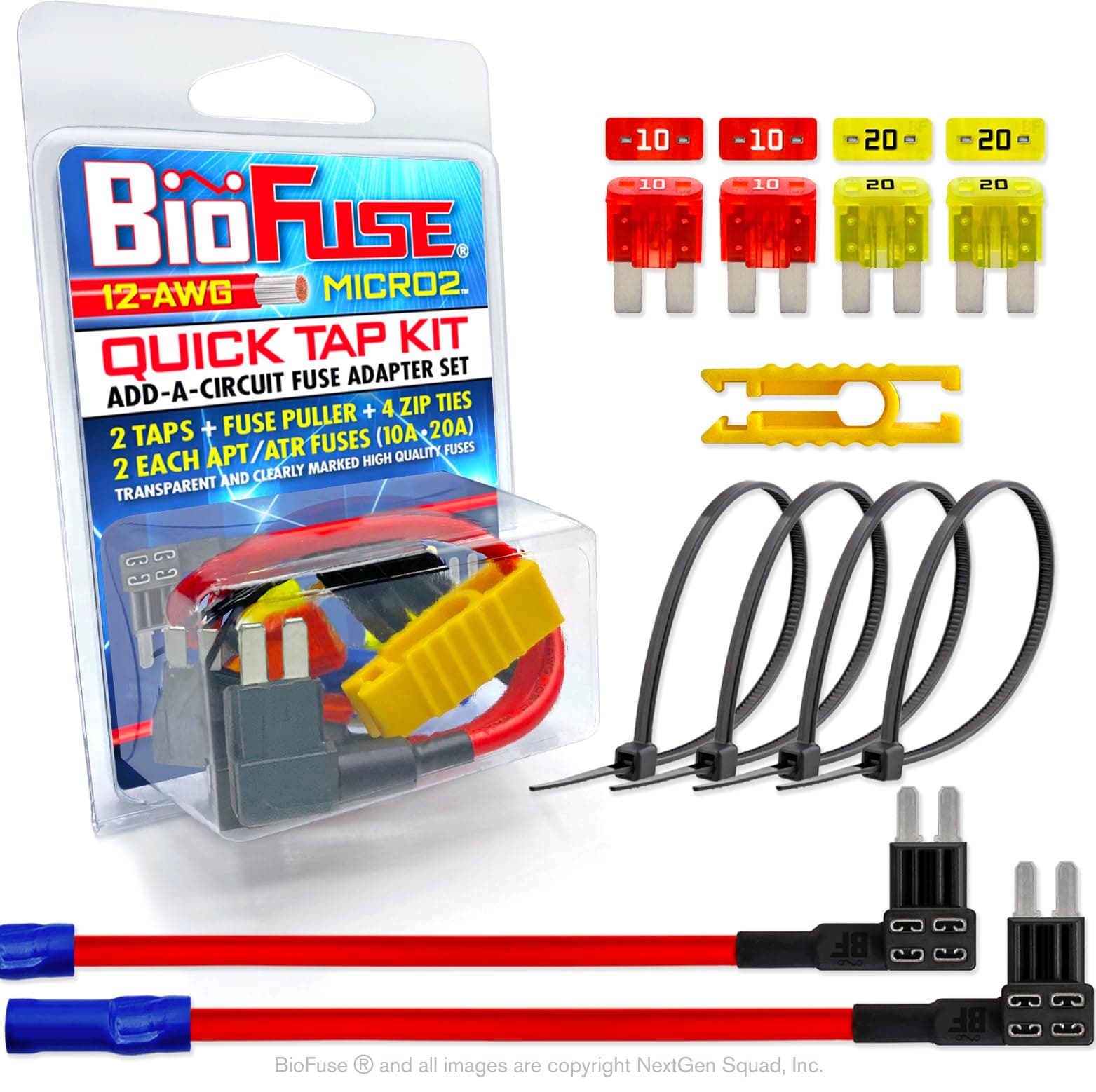 BioFuse 12V Micro2 APT ATR QUICK TAP KIT: 2 Add-A-Circuit Fuse Tap Adapters, 2 each (10A 20A) Micro 2 Blade Fuses, 4 Zip Ties + Fuse Puller