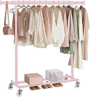 SONGMICS Clothes Rack on Wheels, Heavy Duty Clothes Rail, 45 x (92-132) x 161.5 cm, with Extendable Hanging Rail, 100 kg Load Capacity, Easy Assembly, Portable, Jelly Pink HSR013R01