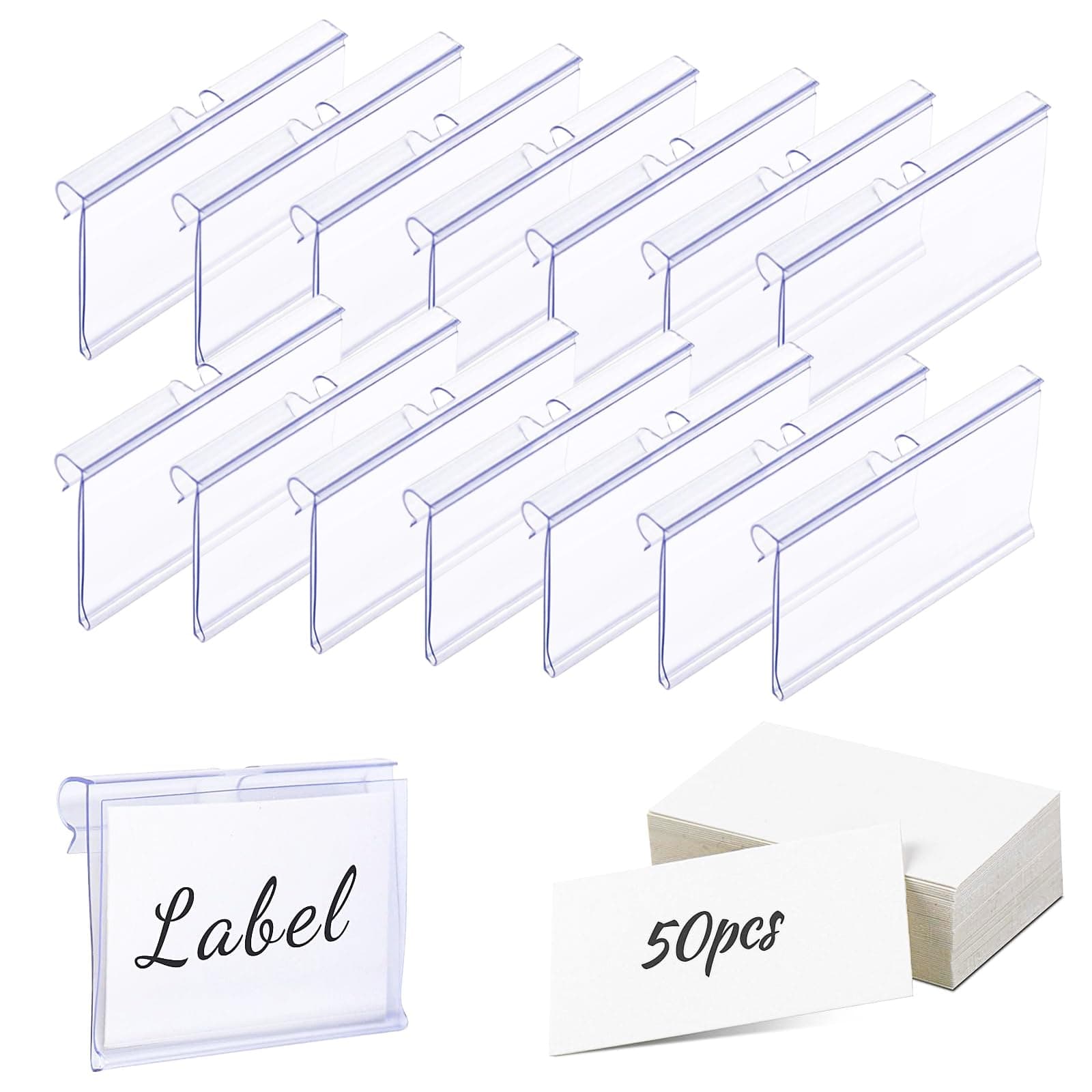 Meetory 50 Pcs Plastic Wire Shelf Label Holders, 3" x 1.65" Clear Price Tag Holder with Double Snap Lock Closure - Reusable Plastic Basket Label Holders for Market, Retail Shop, Pantry, Label Papers
