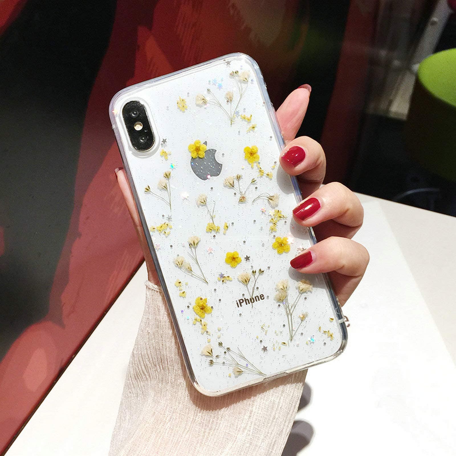 iPhone 8 Plus Flower Case, Shinymore Soft Clear Flexible Rubber Pressed Dry Real Flowers Case Girls Glitter Floral Cover for iPhone 7 Plus/8 Plus-Yellow
