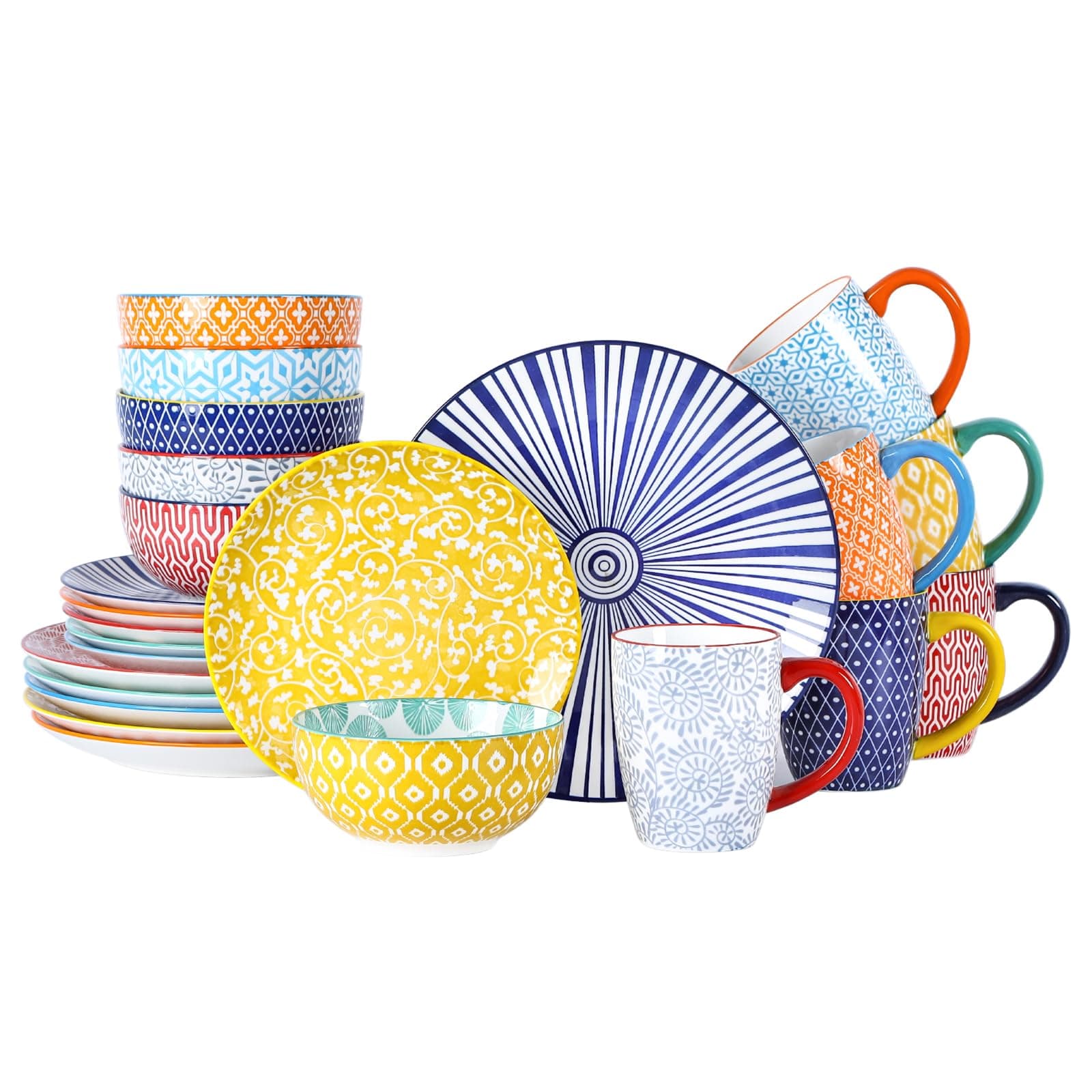 Selamica Ceramic Dinnerware Sets for 6, 24 Piece Plates and Bowls Sets, Scratch Resistant Dishes Set-Dishwasher & Microwave & Oven Safe, Assorted Colors A