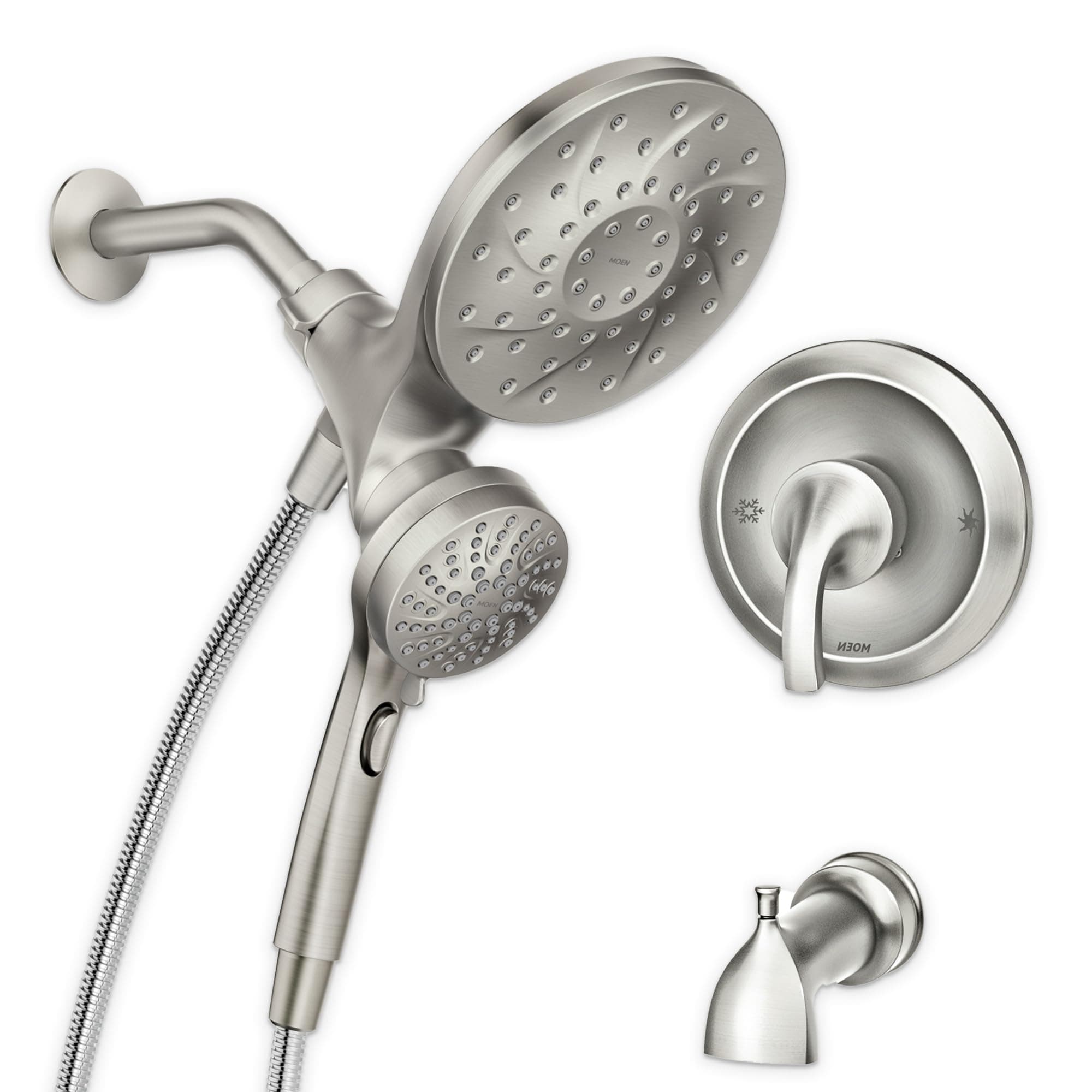 Engage Multi-Function Handshower and Rainfall Shower Head Trim Combo with Handle, Tub Spout, Metal Hose and Valve, Brushed Nickel, 82304SRN