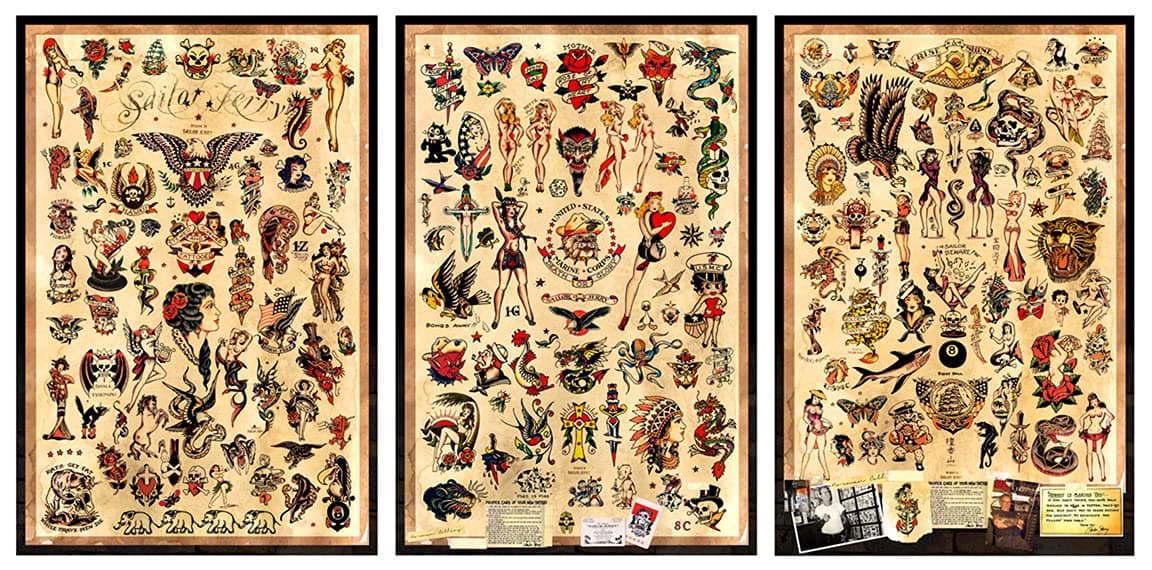 3 - Sailor Jerry Tattoo Flash Posters designed by Schilder - Each poster is 12"x18" in size - Authentic Prints with Holographic Sequential Numbering for Authenticity