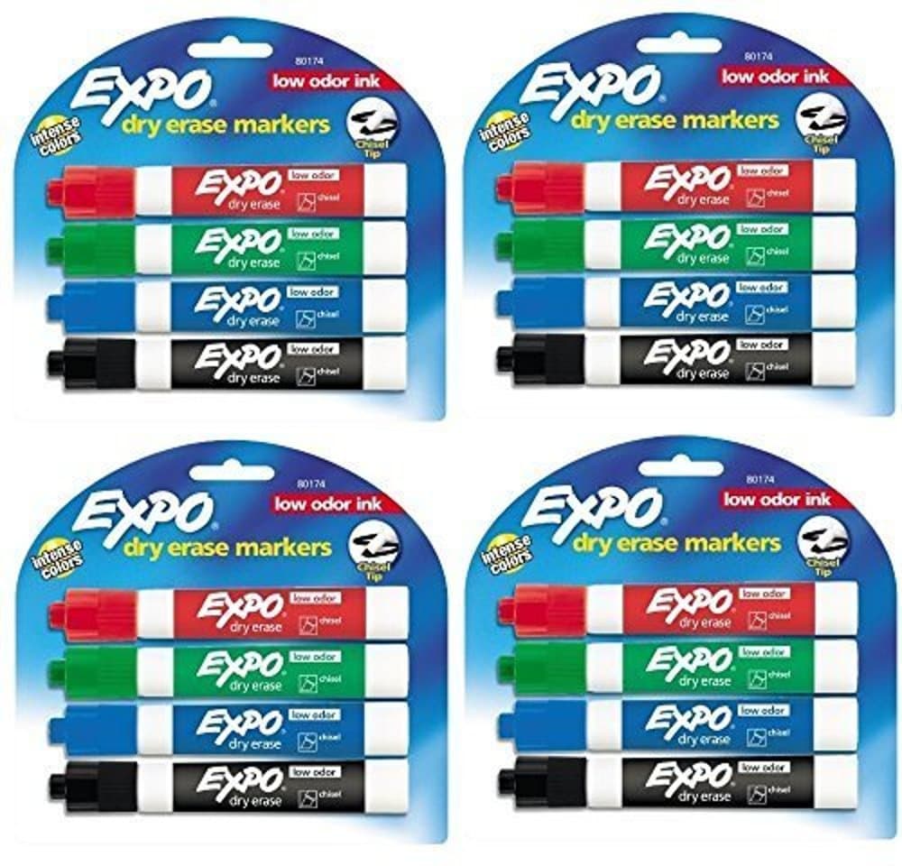 Expo 80174 Low Odor Chisel Point Dry Erase Marker Pack, Designed for Whiteboards, Glass and Most Non-Porous Surfaces, 4 Assorted Color Markers, Pack of 4 Blisters
