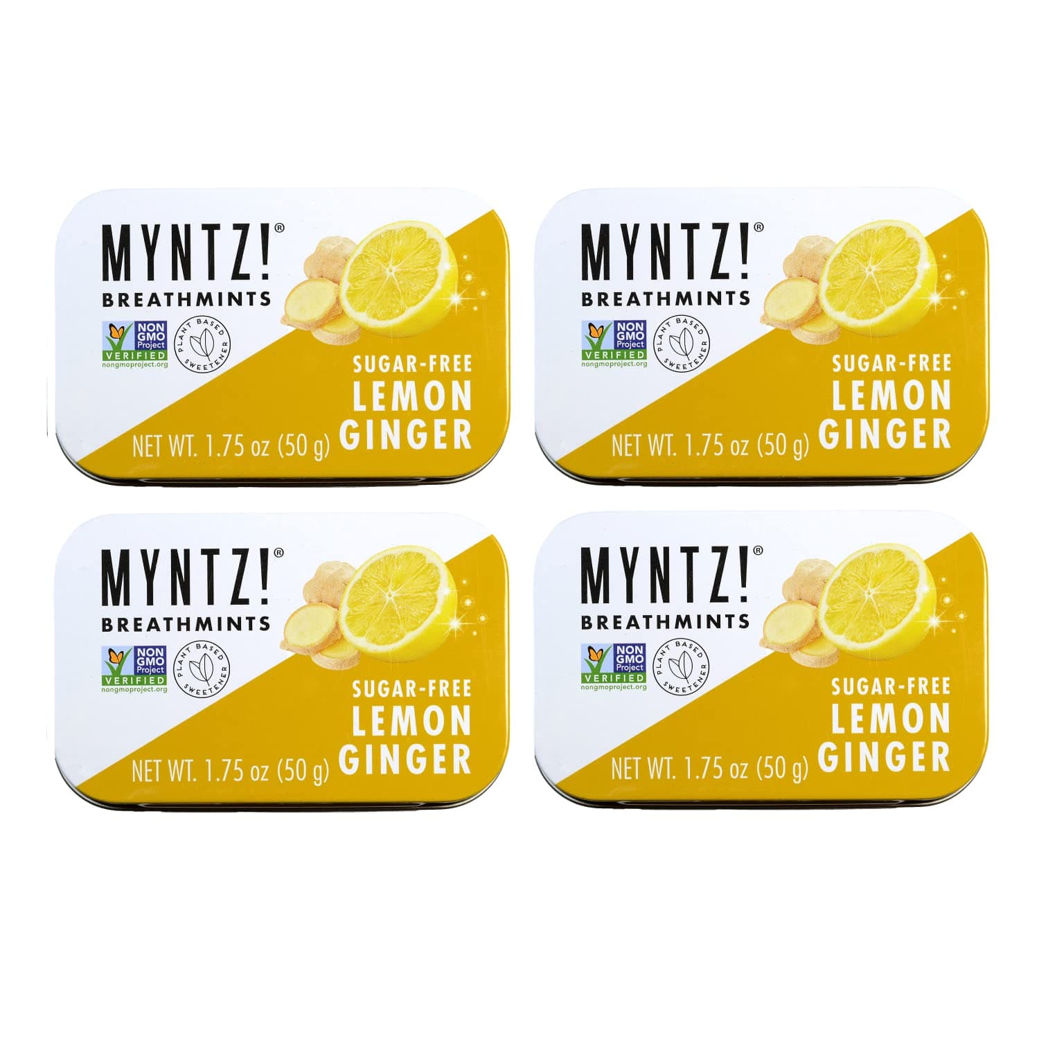 Myntz Sugar Free Mints in a Tin | Lemon Ginger Mints 4 Pack | Breath Mints for Bad Breath | Bulk Lemon Ginger Mints in a Tin | No Sugar, No Fat | Gluten Free