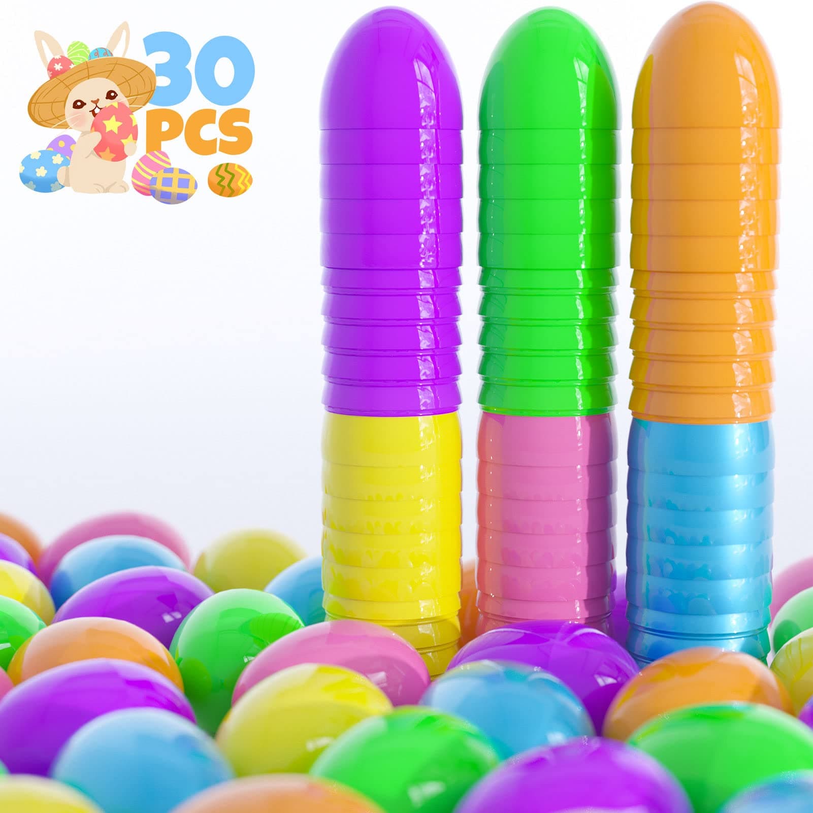 KIDPAR 30 Pcs 3.5＂ Easter Eggs Plastic with Assorted Bright Colors for Kids Toddlers,Gift Basket Stuffers Fillers,Easter Decorations,Eggs Hunt Supplies,Filling Treats Toys, Theme Party Favor