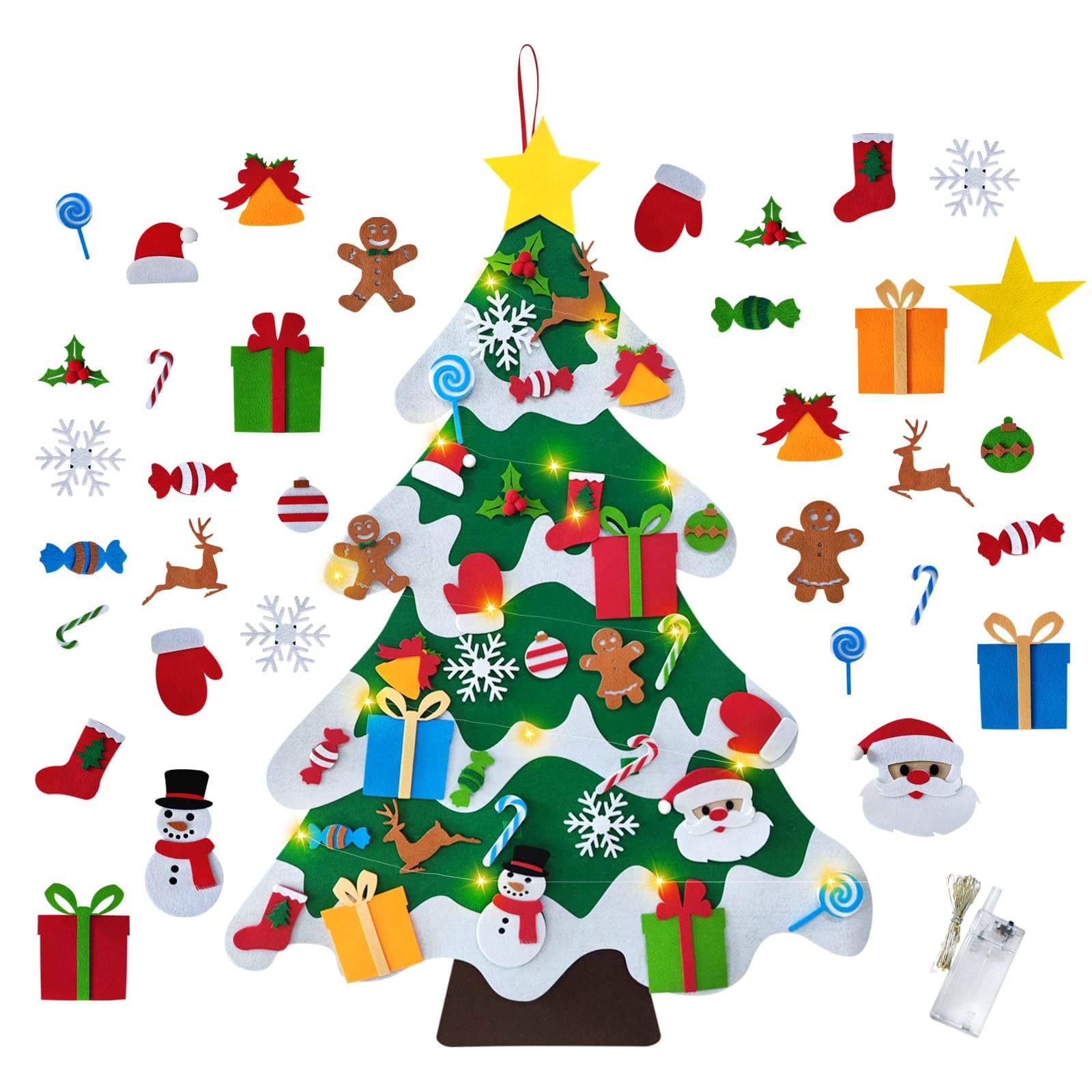 DIY Felt Christmas Tree, PIOGHAX 3M 30 LED String Light with 34PC Detachable Ornaments Wall Decor for Toddlers Kids Xmas Gifts Home Door Decoration