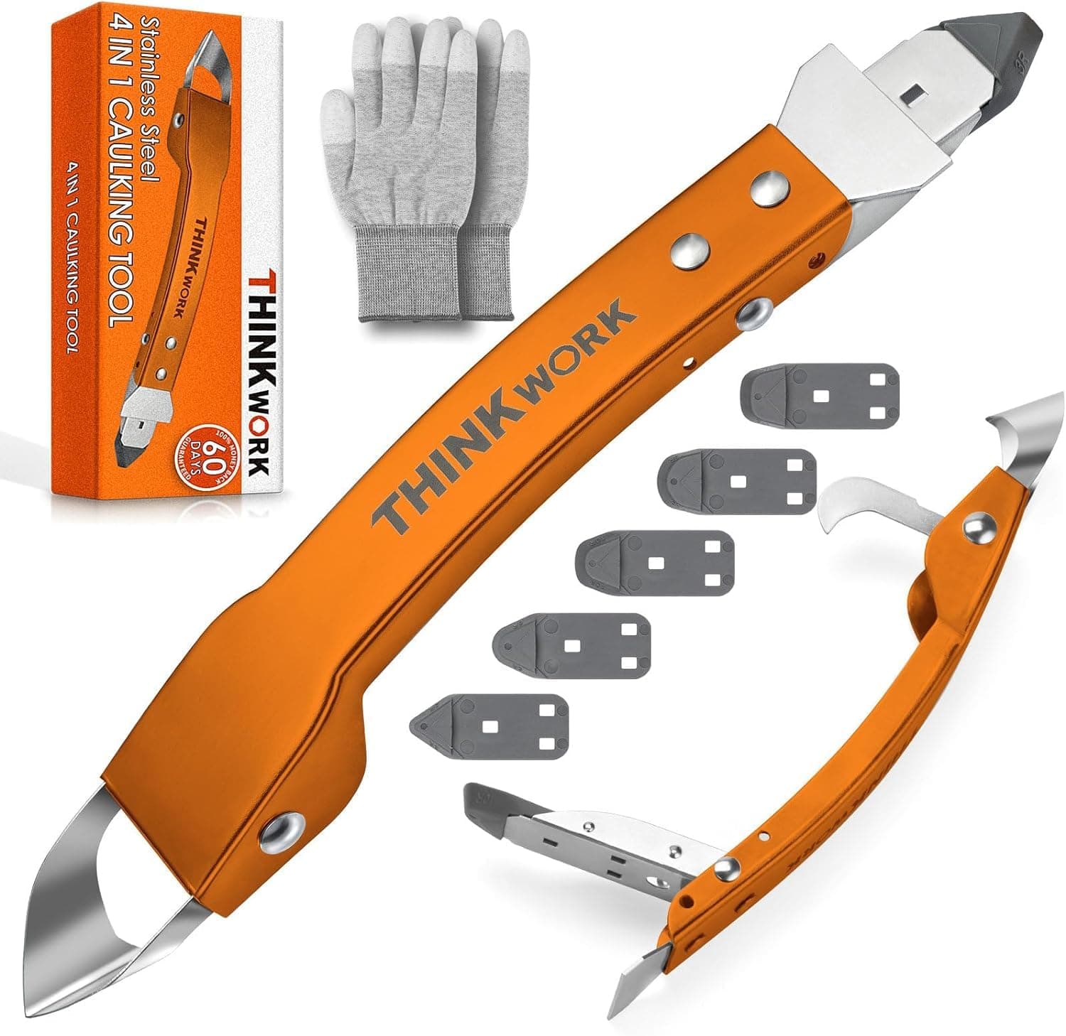 THINKWORK Caulking Tool Kit, 4 in 1 Caulk Remover Tool, Stainless Steel Caulk Tool for Kitchen Bathroom Window Sink Tile Joint, Orange