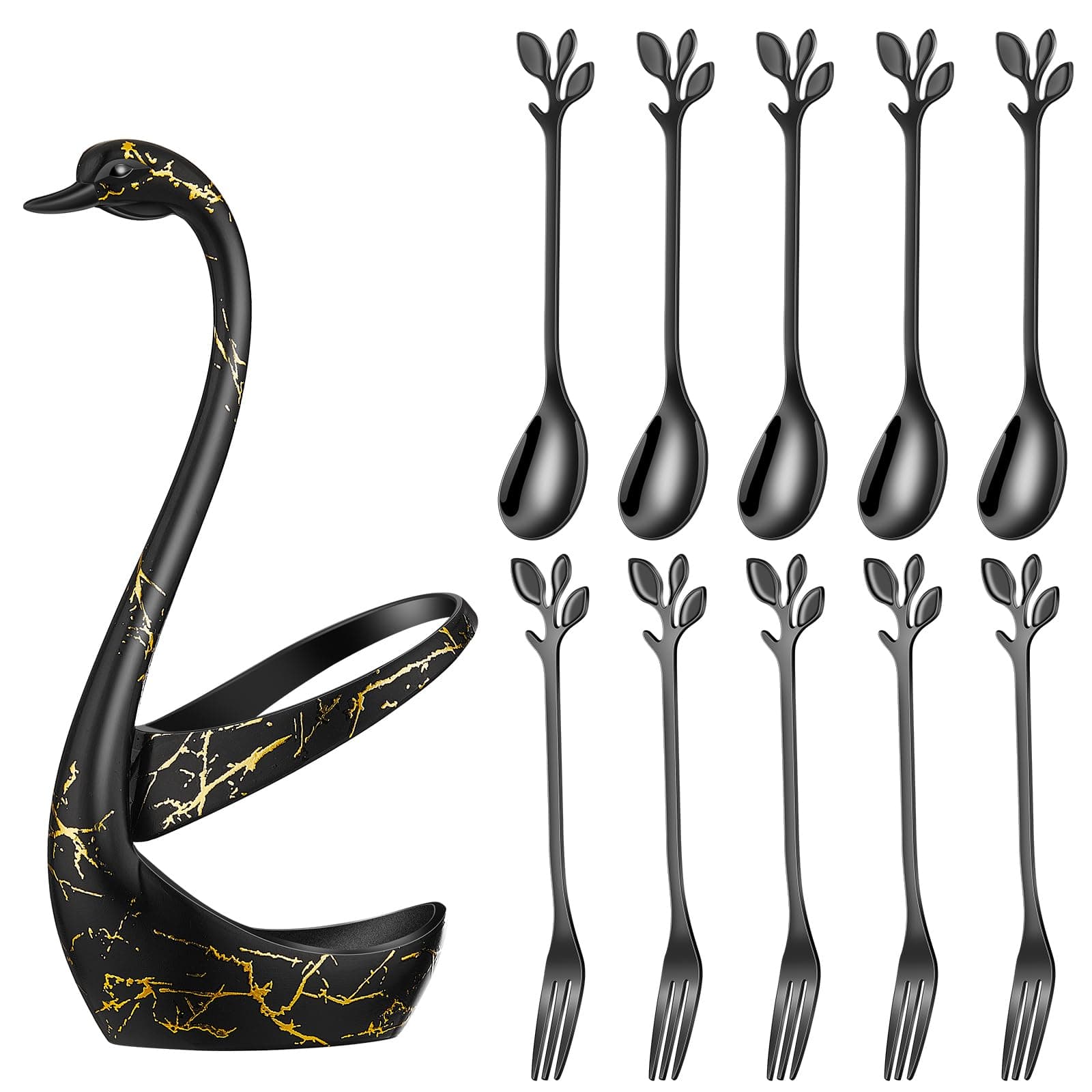 AnSaw Black Swan Base Holder Set with 10 Pcs 4.7" Mini Leaf Teaspoons & Dessert Forks - Perfect for Appetizers,Salads,Cakes,Fruits,Cocktails,Tea,Espresso - Beautify Your Charcuterie Board Layout