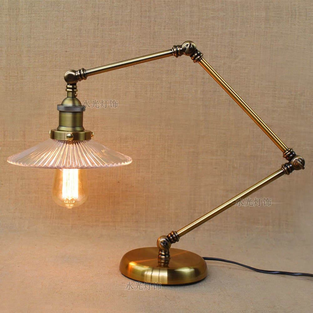 XCH Dazzling DL Table Lamp Gloss Brass Daylight Energy Saving Reading Table Light, with Long Swing Arm & Adjustable Handle, Retro Industry Nostalgic Iron Art of Glass Lamp Cover Desk Lamp