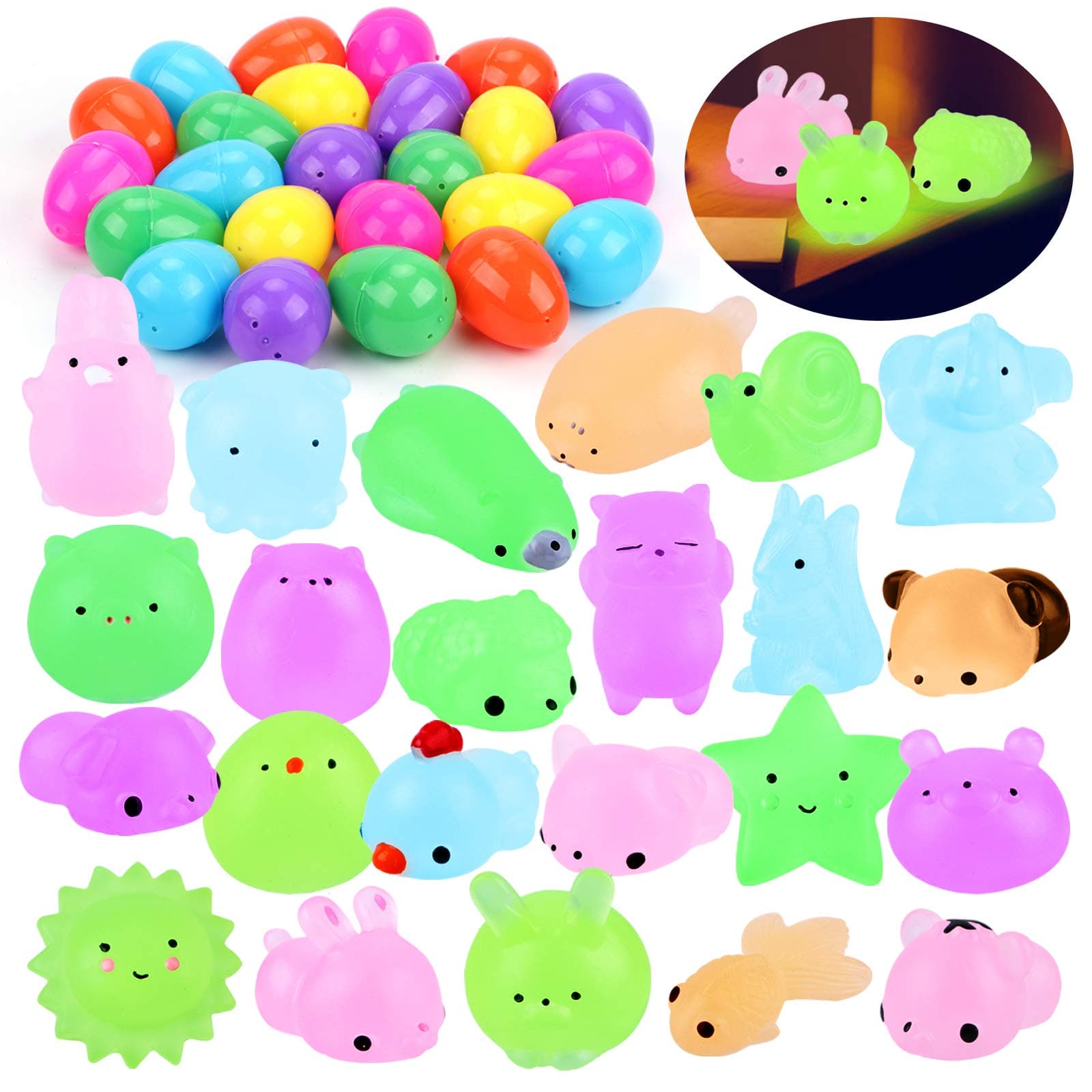 Sizonjoy 24 PCS Mochi Squishy Filled Easter Eggs, Glow in The Dark Animal Squishies Stress Relief Toys Mini Silicone Squishy Bulk for Easter Egg Hunts, Basket Stuffers Fillers