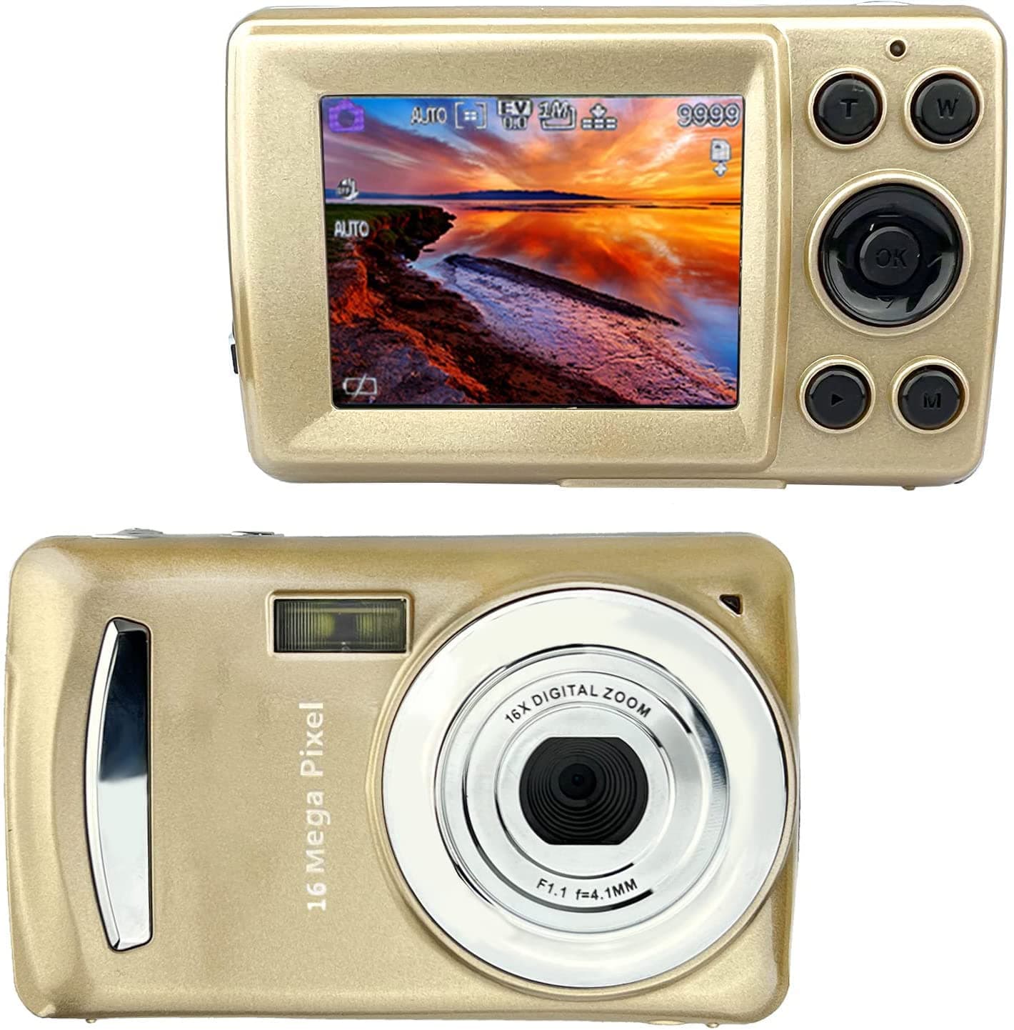 16MP Compact Digital Camera with 2.4" LCD Screen – Easy Point and Shoot Camera for Kids, Teens, Beginners & Seniors | USB Cable Included | Lightweight Travel-Friendly Design (Gold)