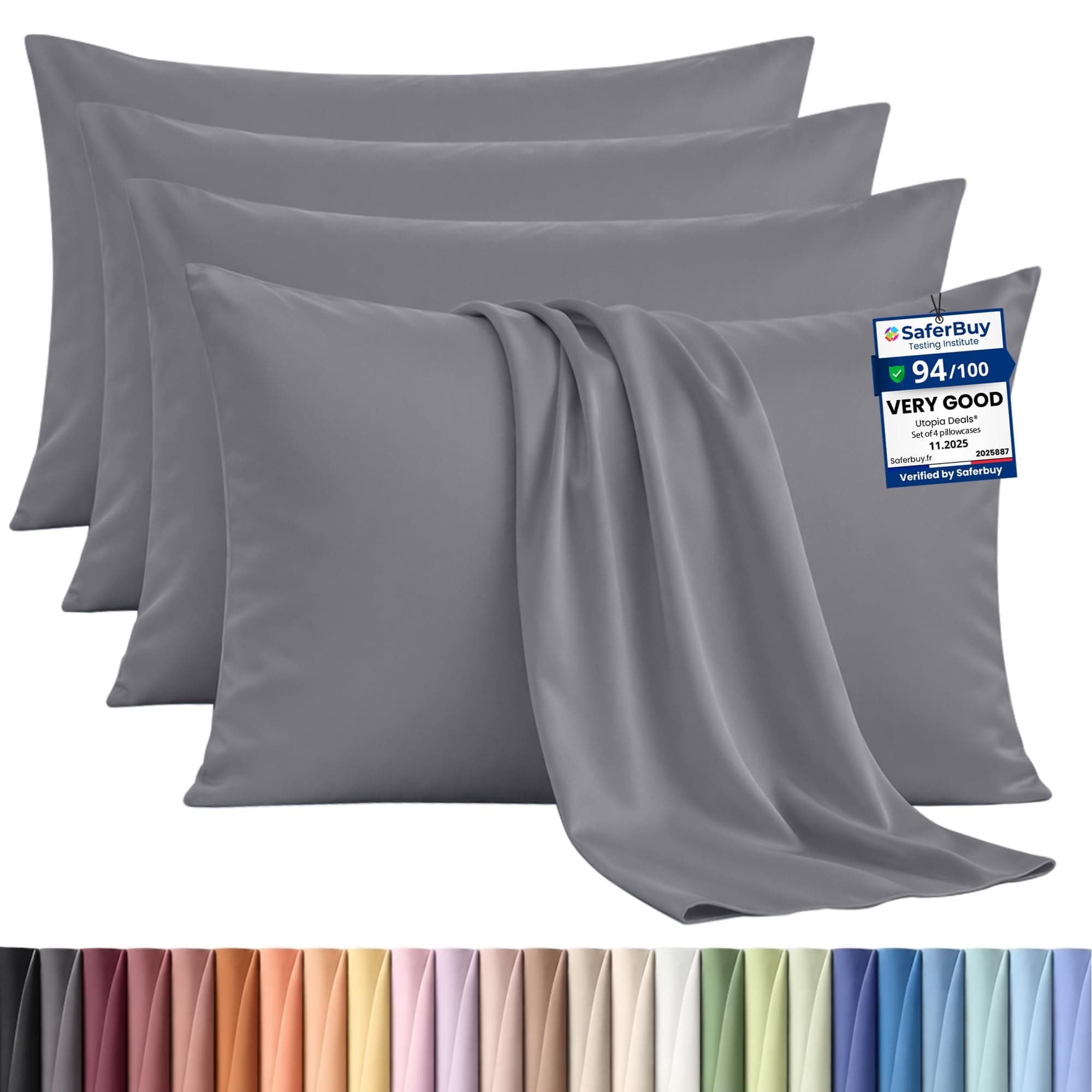 Utopia Bedding - 4 Pack Pillow Cases - OEKO-TEX - Standard Size 50x75 cm - 100% Brushed Microfiber Pillowcases with Envelope Closure, pillows not included - Wrinkle, Fade, & Stain Resistant - Grey