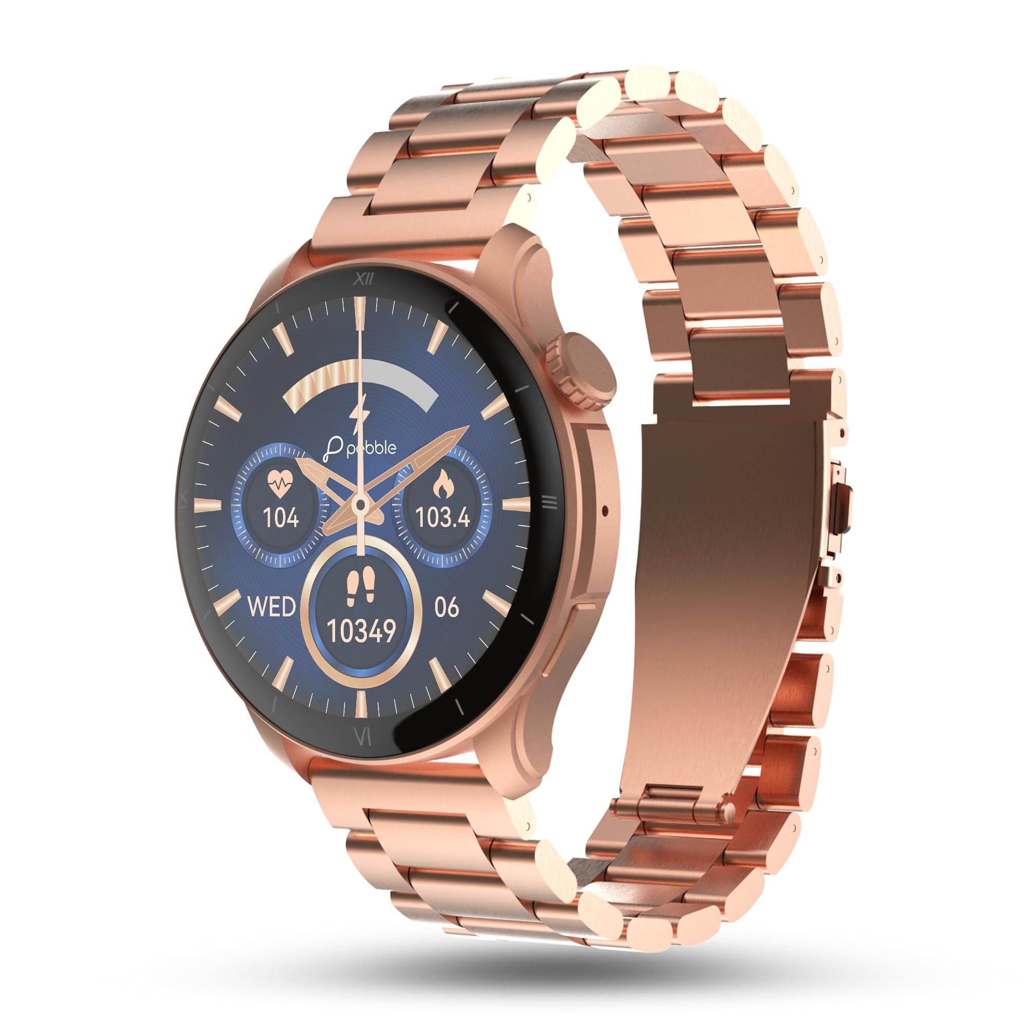 Pebble Cosmos Vault 1.43" AMOLED Always on Display Smart Watch for Men & Women, BT Calling Luxury Metal Strap Smart Watch with Rotating Crown, Compatible with Android & iOS, Rose Gold
