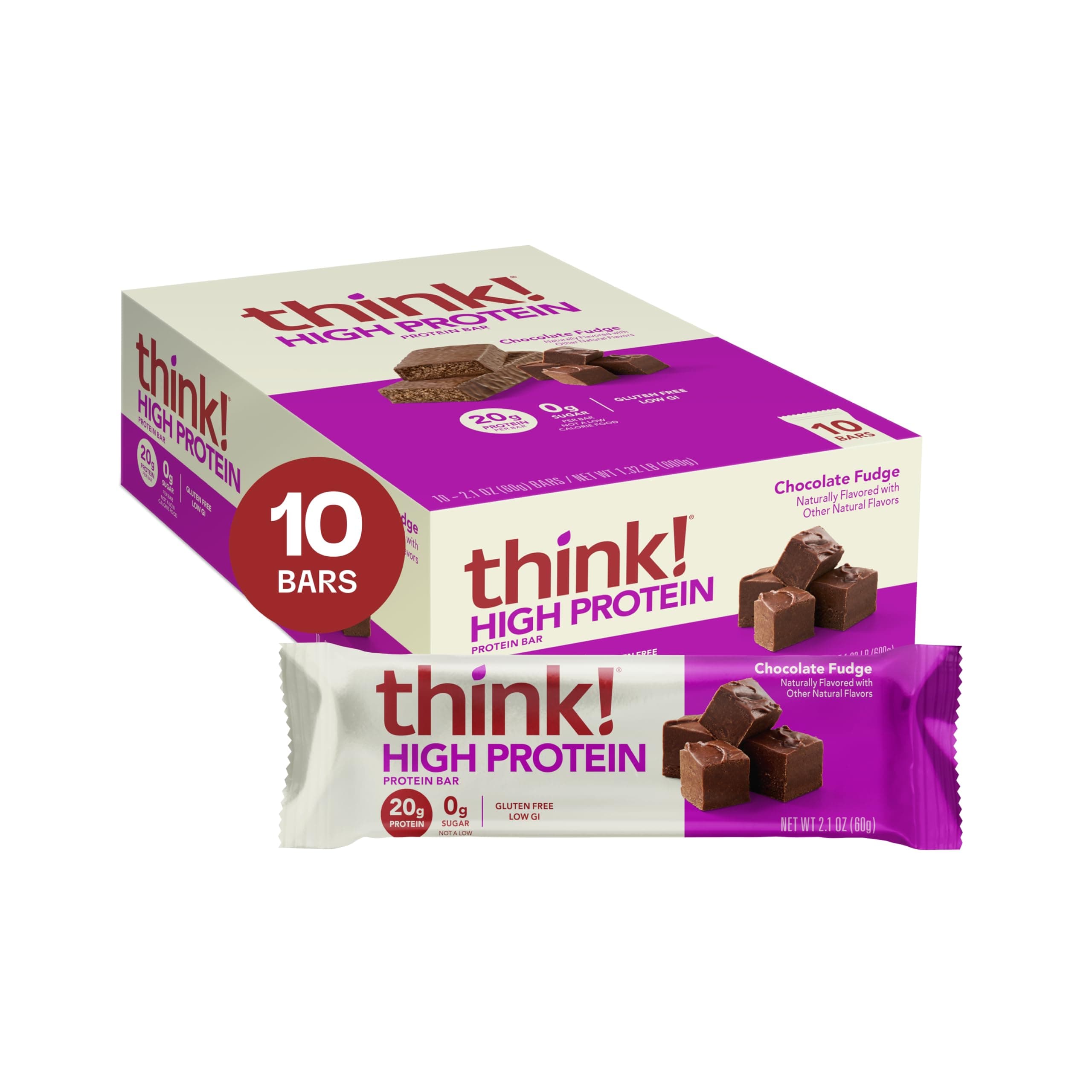 think! Protein Bars, High Protein Snacks, Gluten Free, Kosher Friendly, Chocolate Fudge, Nutrition Bars, 2.1 Oz per Bar, 10 Count (Packaging May Vary)