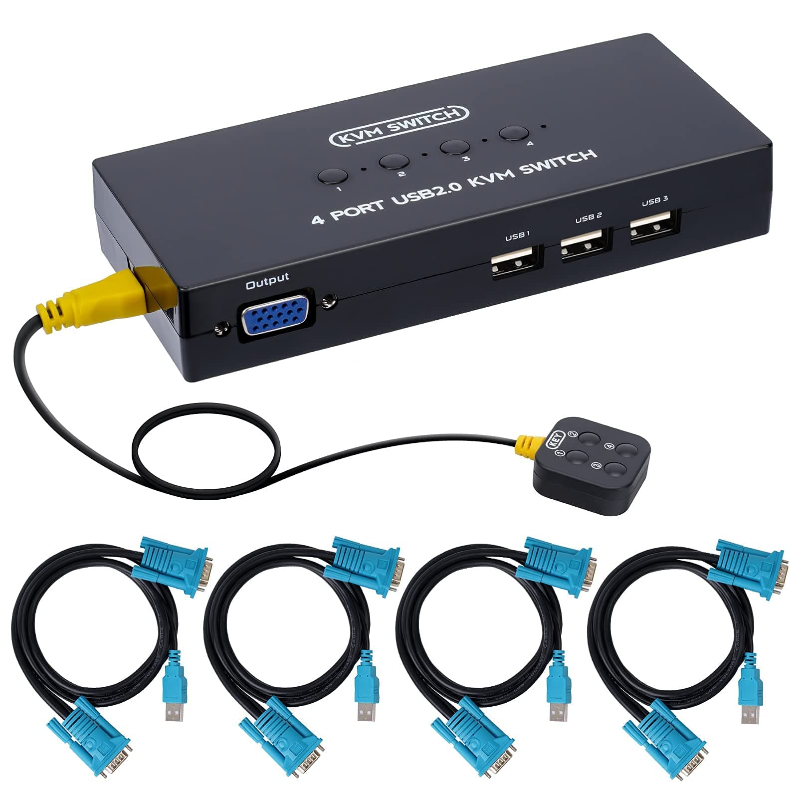 DGODRT VGA KVM Switch 4 Port, USB VGA KVM Switcher for 4 Computers Share 1 Monitor 3 USB Devices Keyboard Mouse Scanner Printer, Including 4 KVM Cables & Desktop Control