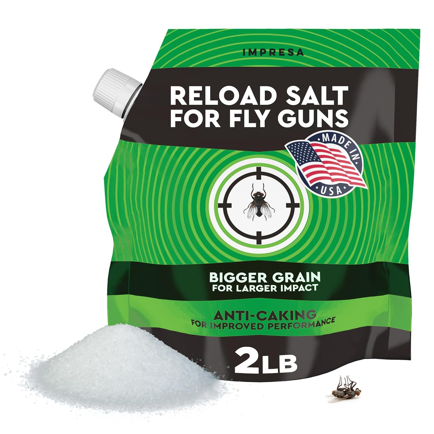 2 lb Fly Shooter Refill Salt Compatible with Bug A Salt 3.0 Large-Grain Non-Caking Crystals for Fly Gun Reloads - Classic White Bag, Easy-Pour Spout for Bug Shooter Reloads