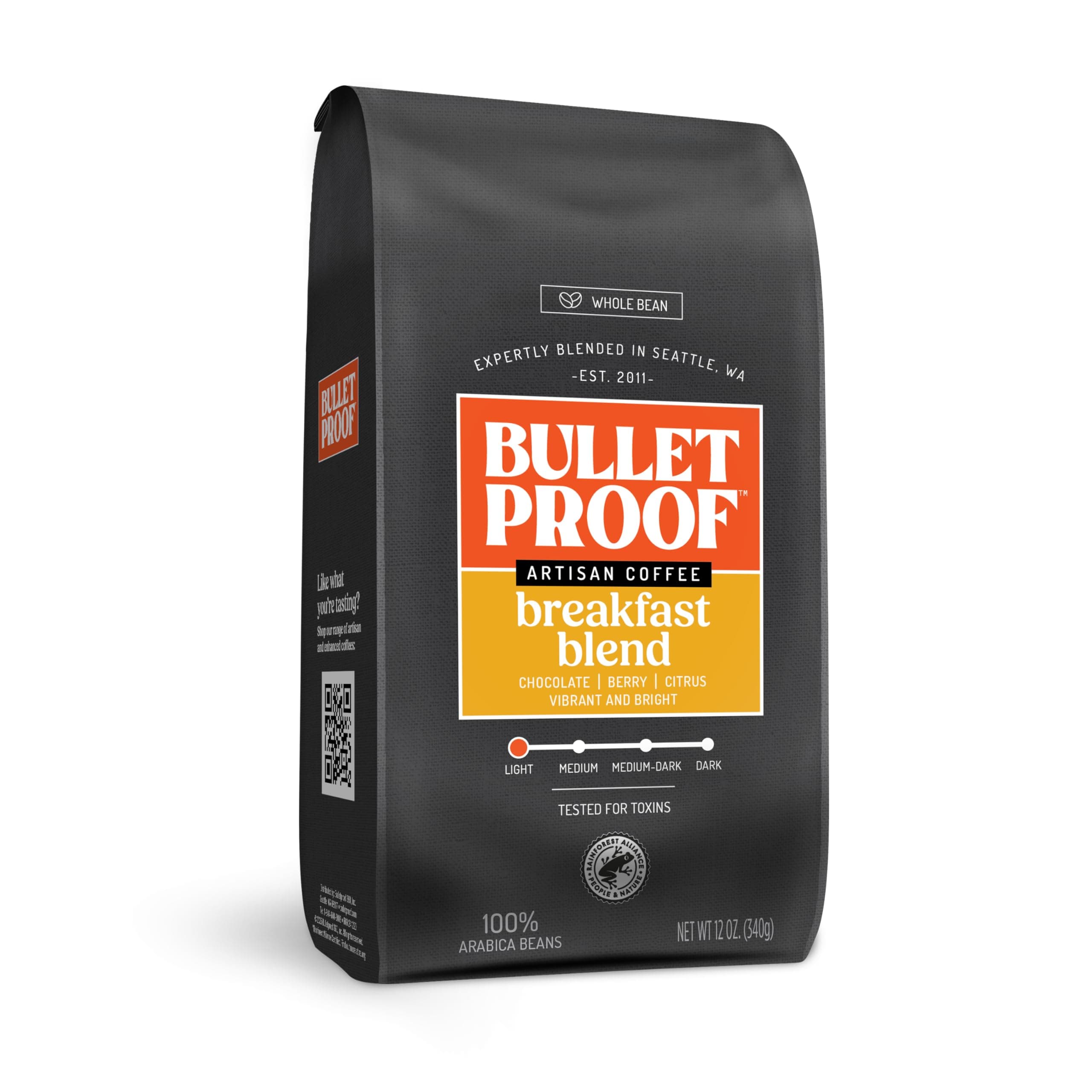 Breakfast Blend Light Roast Whole Bean Coffee, 12 Ounces, 100% Arabica Beans, Clean Coffee Tested for Toxins