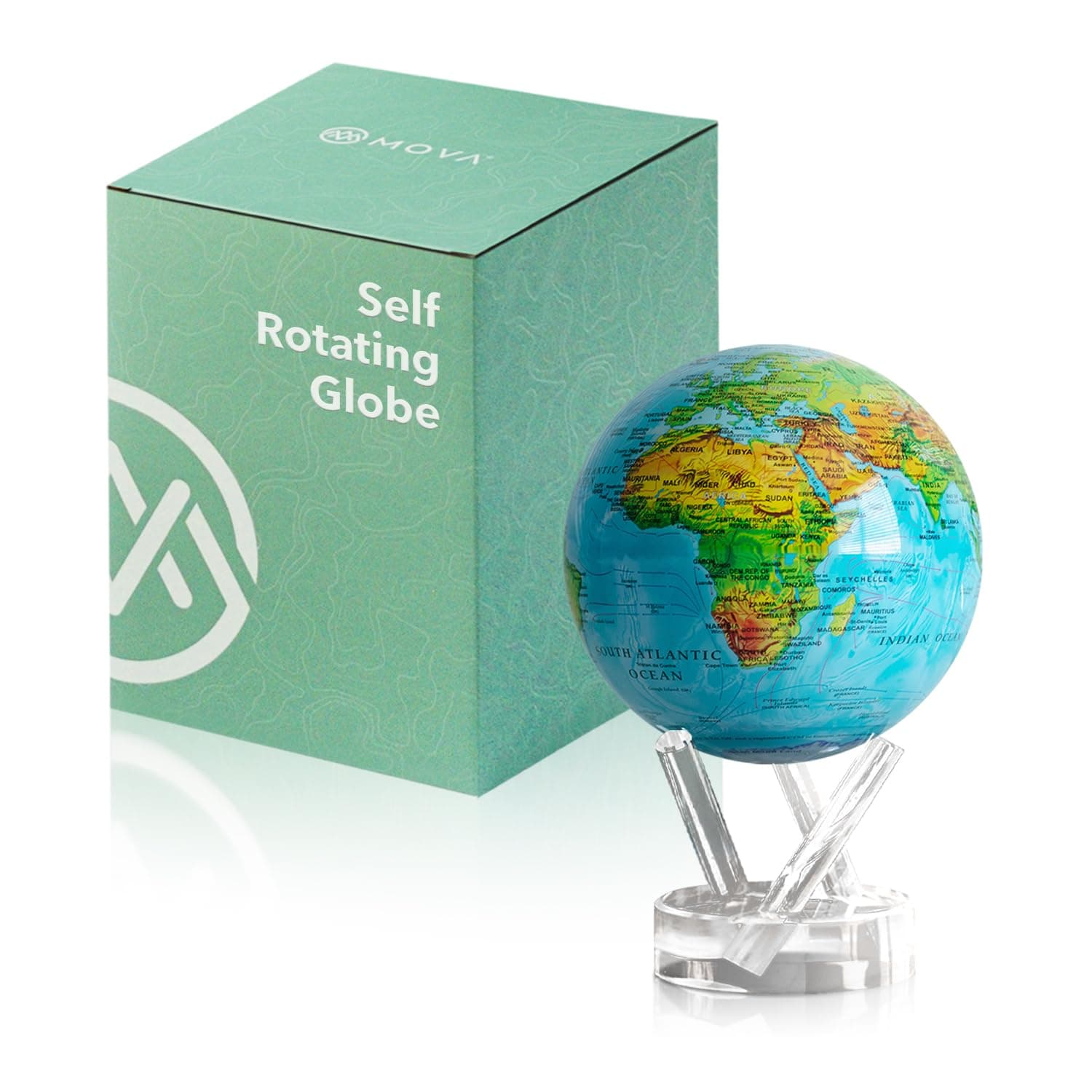 MOVA Globe - Ocean Blue Relief Classic (4.5") | Solar-Powered Rotating World Globe with Terrain Detail | No Batteries or Cords | Elegant Desk Décor or Educational Gift