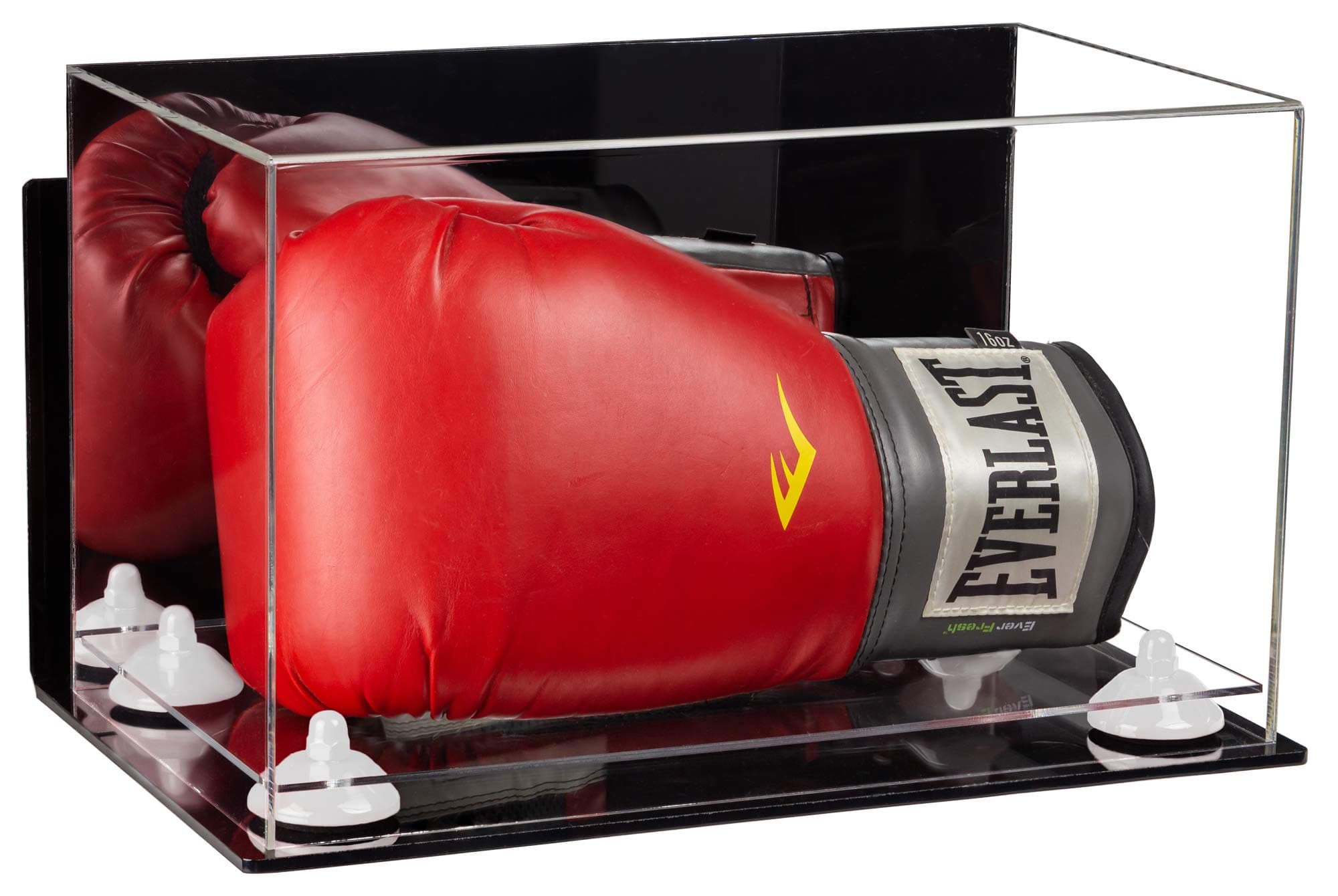 Acrylic Single or Double Boxing Glove Display Case with Mirror, Wall Mount, White Risers and Clear Base (A011-WR)
